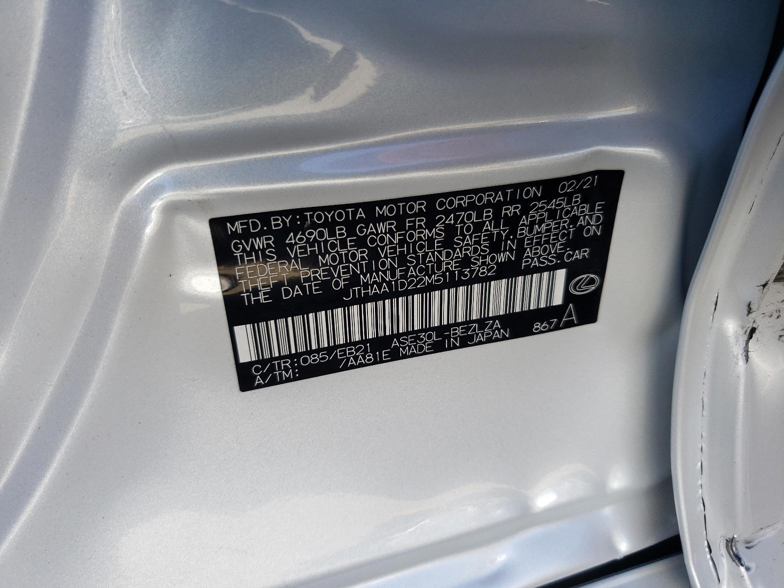 Photo 10 from auction – 2021 LEXUS IS 300 with VIN JTHAA1D22M5113782