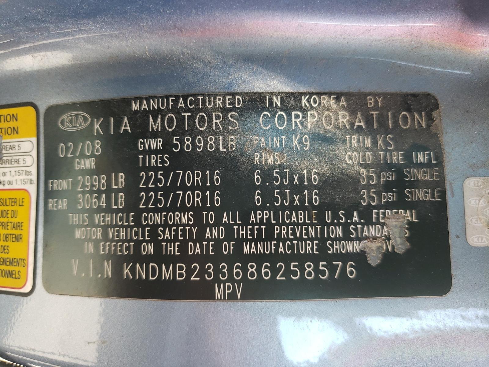 Photo 10 from auction – 2008 KIA SEDONA EX with VIN KNDMB233686258576