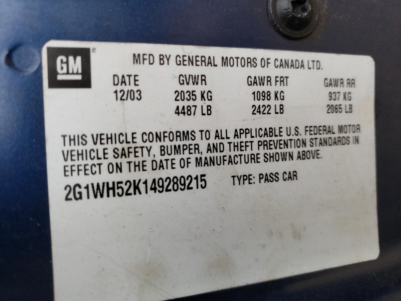 Photo 10 from auction – 2004 CHEVROLET IMPALA LS with VIN 2G1WH52K149289215