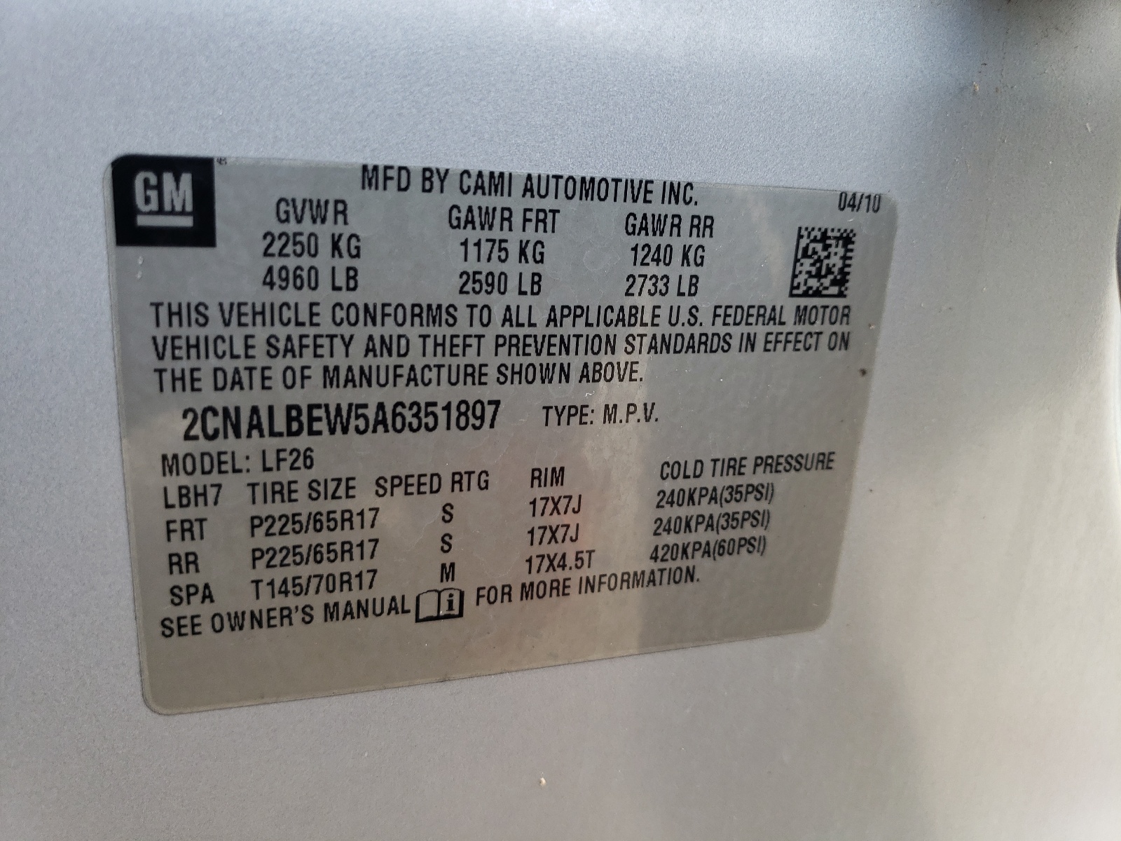 Photo 10 from auction – 2010 CHEVROLET EQUINOX LS with VIN 2CNALBEW5A6351897
