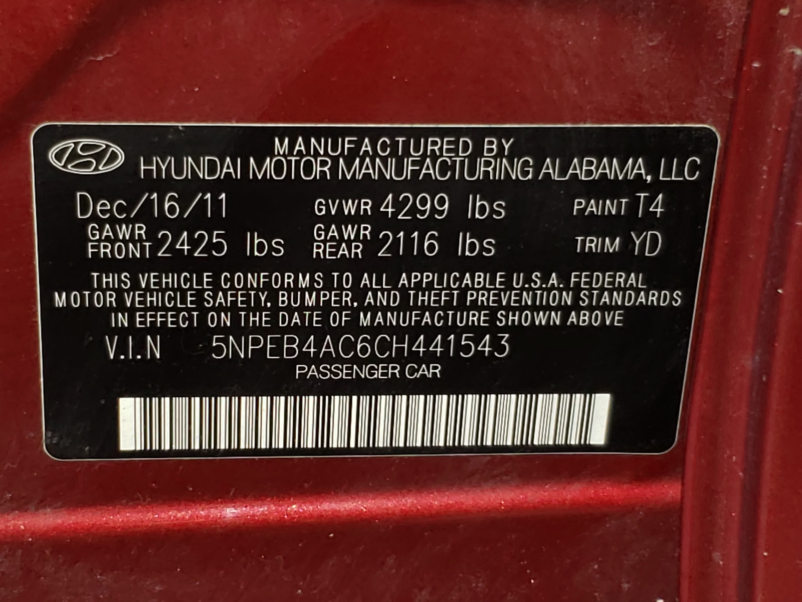 Photo 10 from auction – 2012 HYUNDAI SONATA GLS with VIN 5NPEB4AC6CH441543