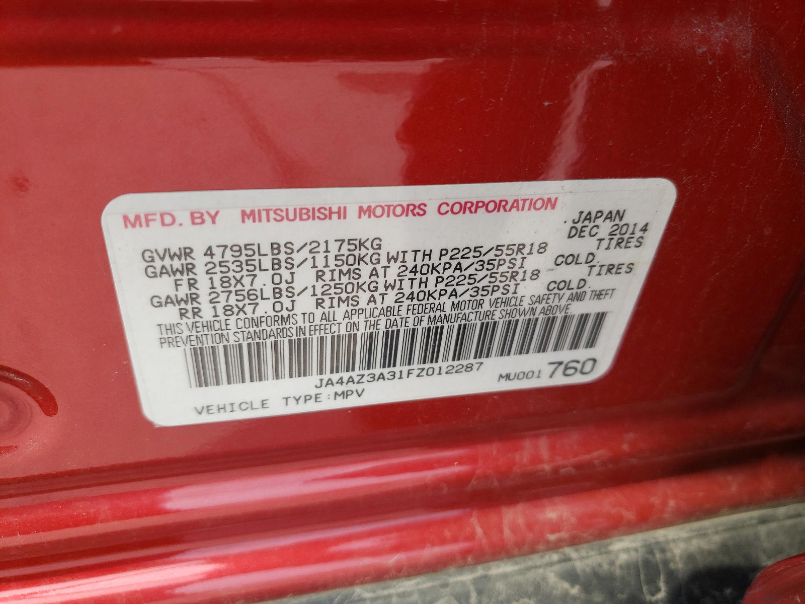 Photo 10 from auction – 2015 MITSUBISHI OUTLANDER with VIN JA4AZ3A31FZ012287