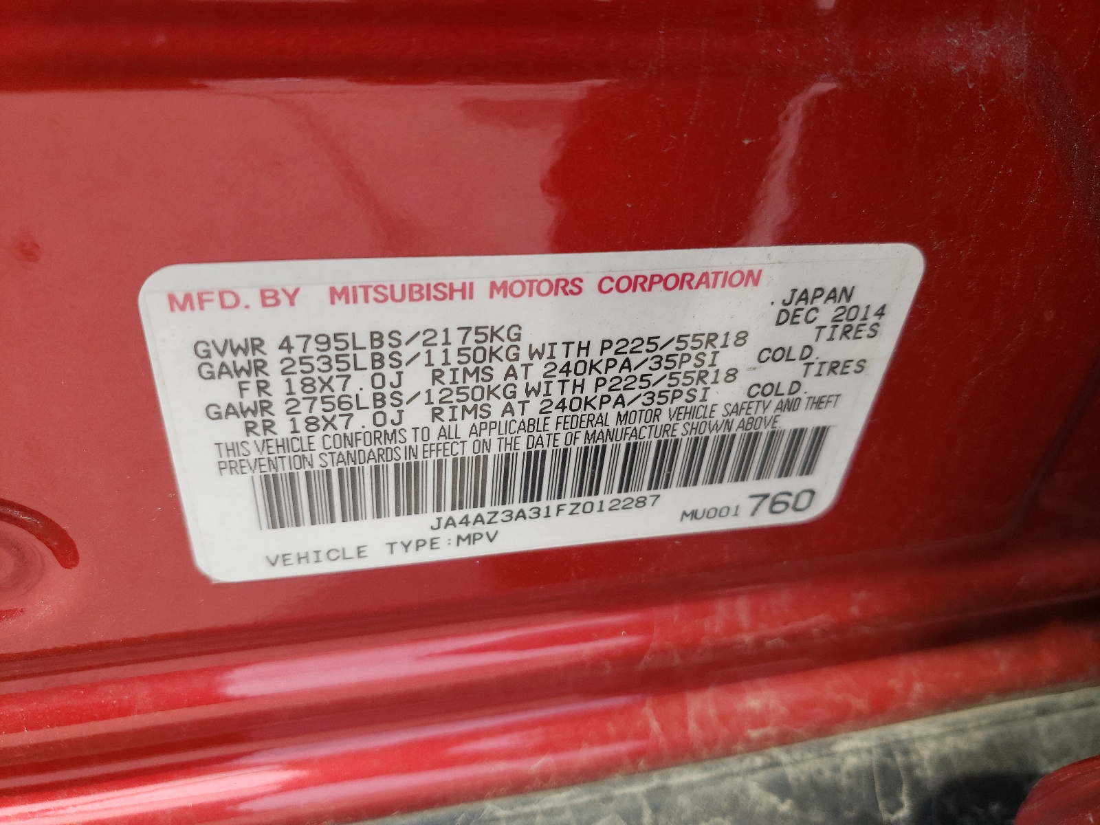 Zdjęcie 10 z aukcji – 2015 MITSUBISHI OUTLANDER z VIN JA4AZ3A31FZ012287