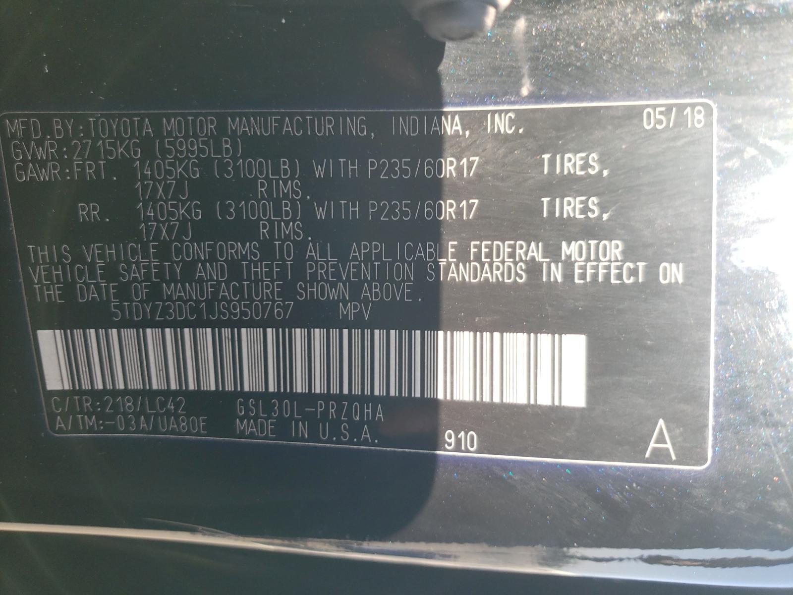Photo 10 from auction – 2018 TOYOTA SIENNA XLE with VIN 5TDYZ3DC1JS950767
