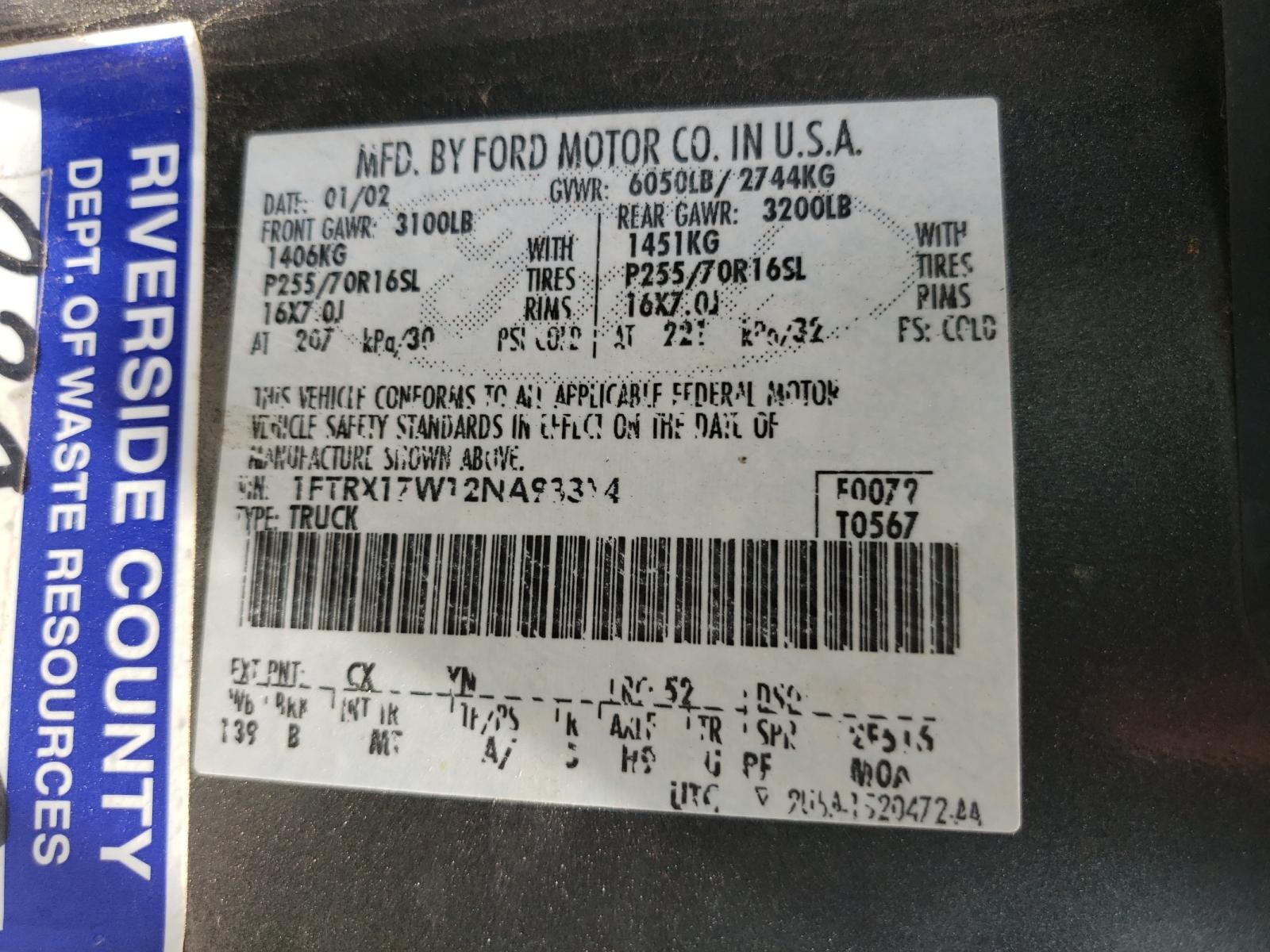 Photo 10 from auction – 2002 FORD F150 with VIN 1FTRX17W12NA93314