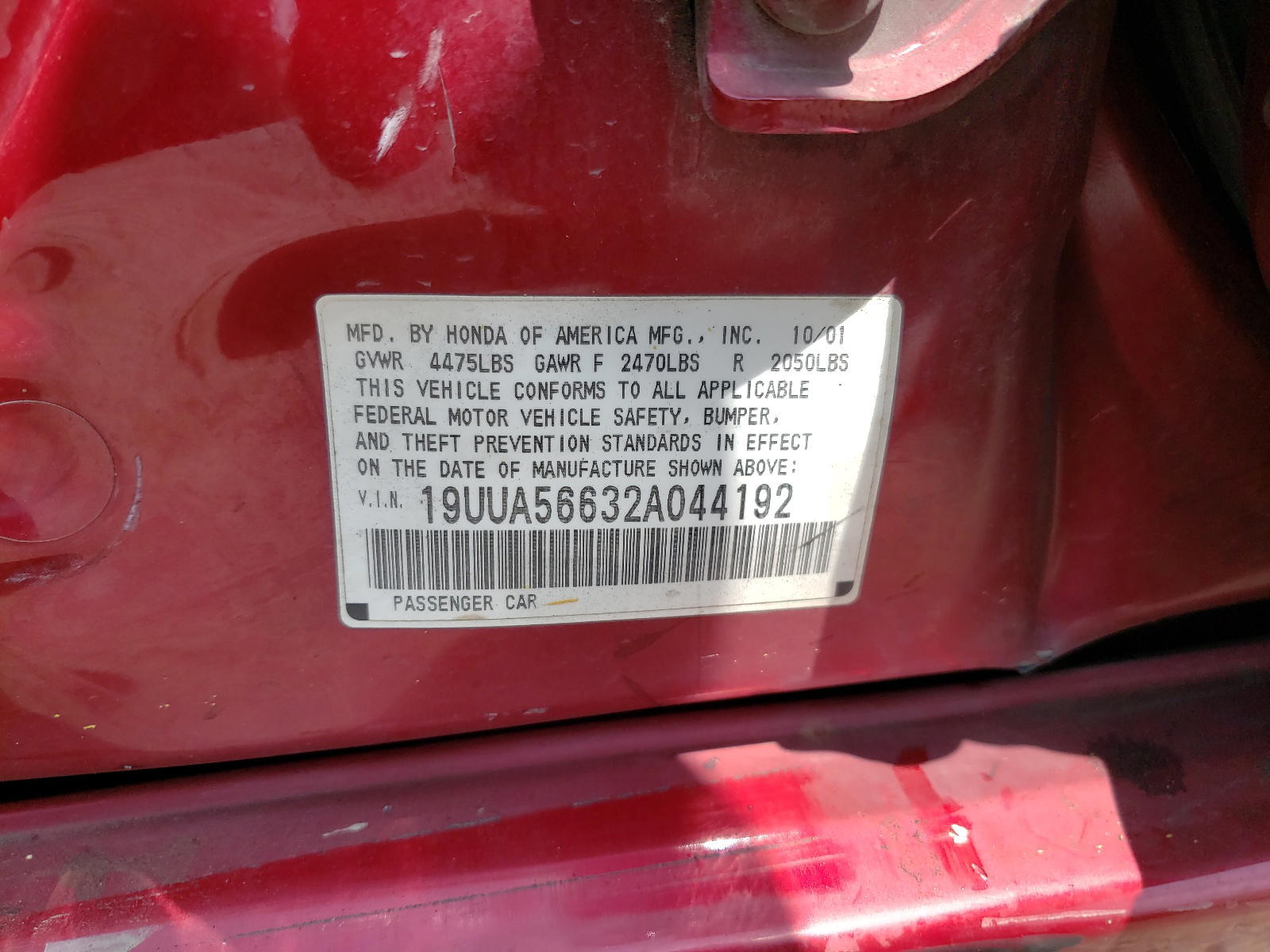 Photo 10 from auction – 2002 ACURA 3.2TL with VIN 19UUA56632A044192