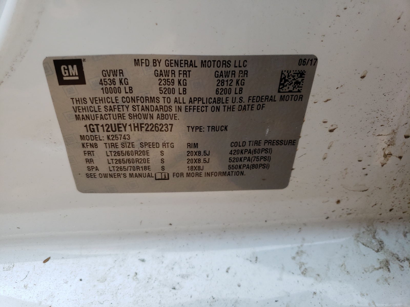 Photo 10 from auction – 2017 GMC SIERRA K25 with VIN 1GT12UEY1HF226237