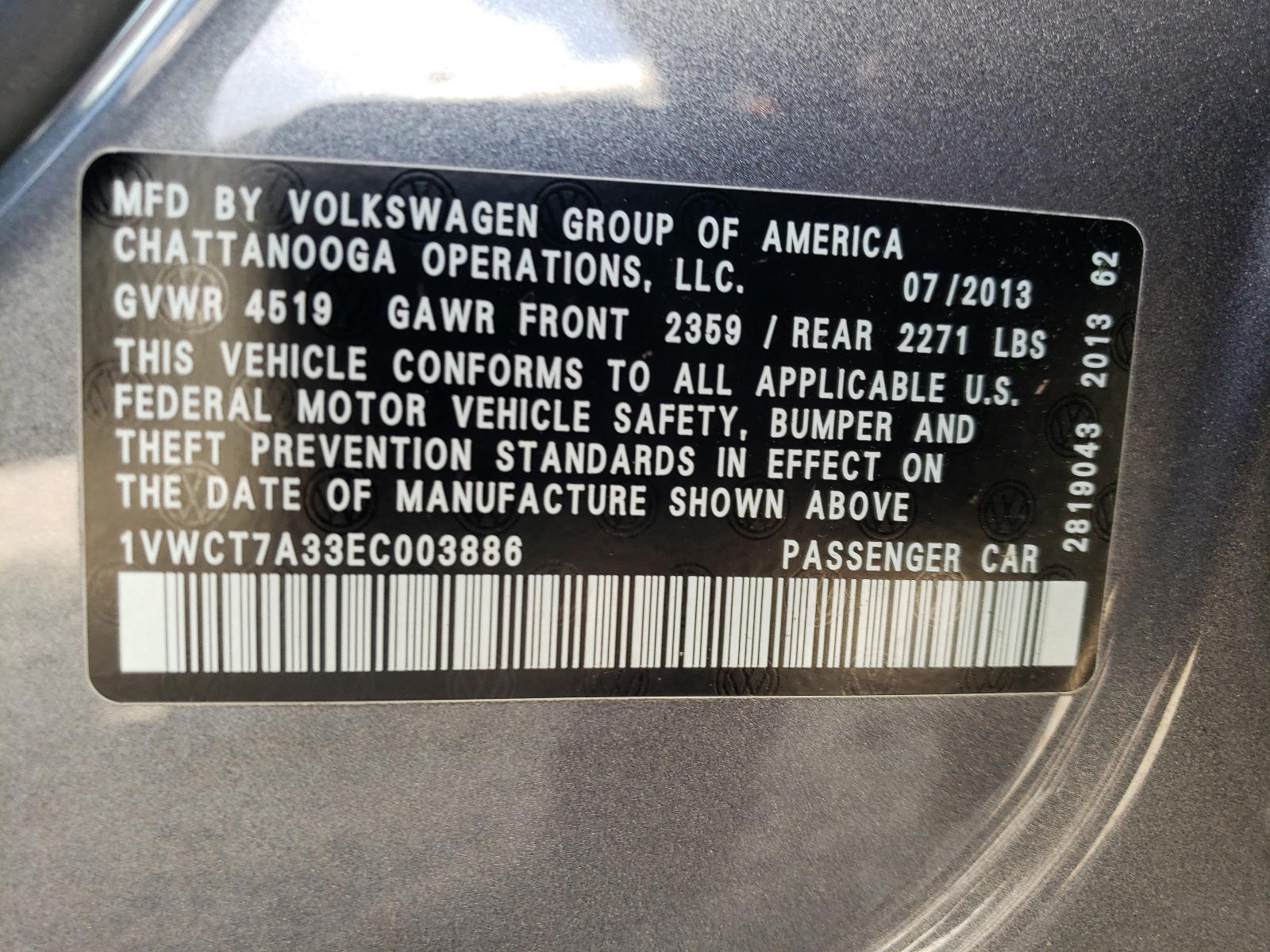Photo 10 from auction – 2014 VOLKSWAGEN PASSAT SEL with VIN 1VWCT7A33EC003886