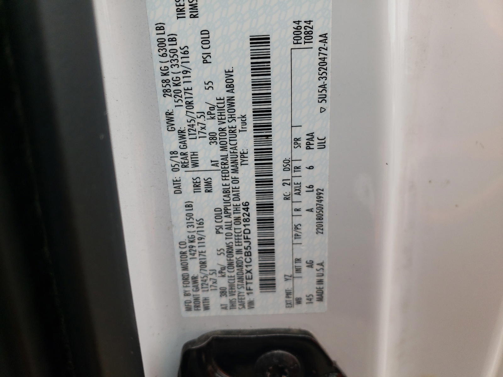Photo 10 from auction – 2018 FORD F150 SUPER with VIN 1FTEX1CB5JFD18246