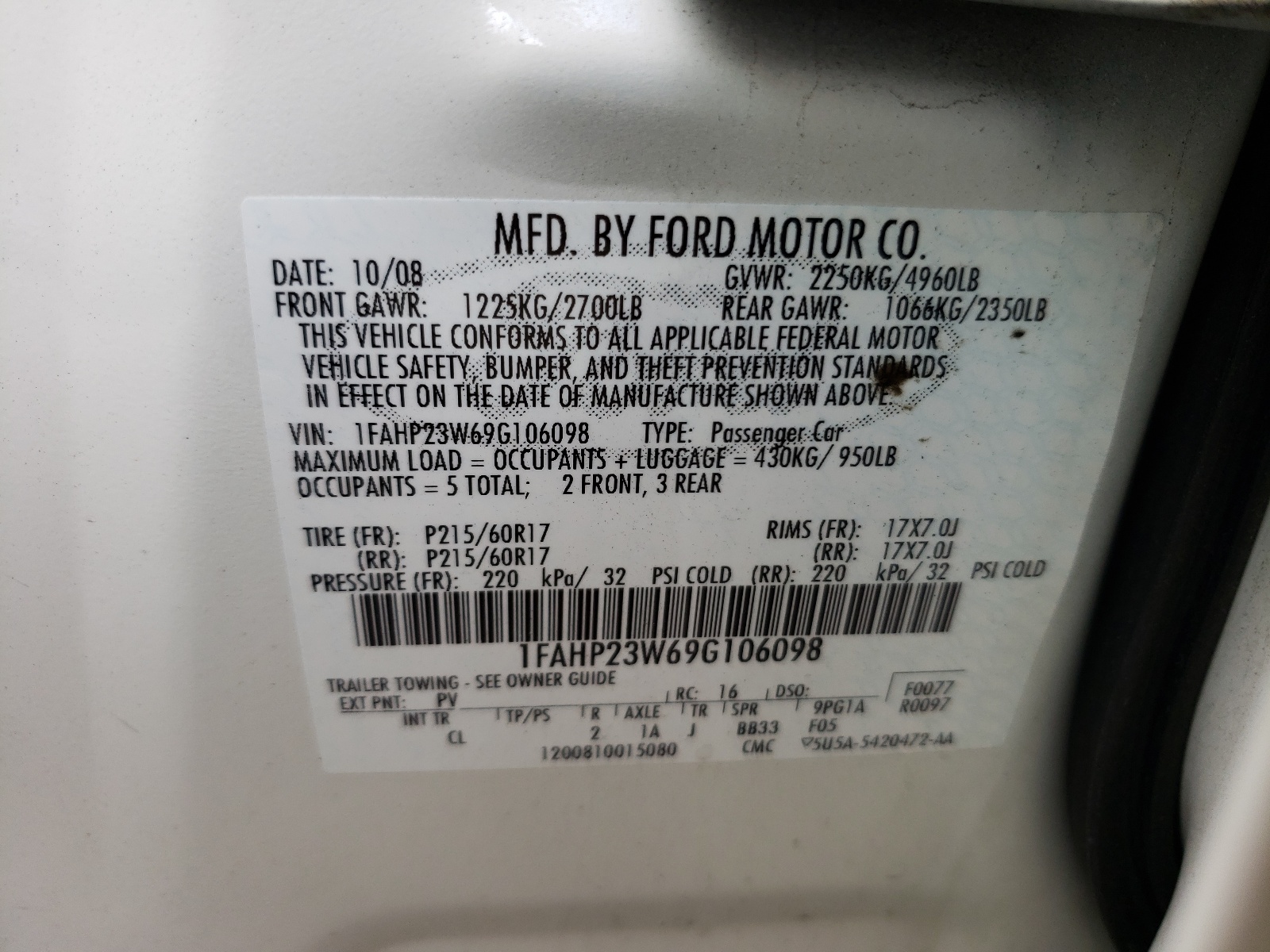 Photo 10 from auction – 2009 FORD TAURUS SE with VIN 1FAHP23W69G106098