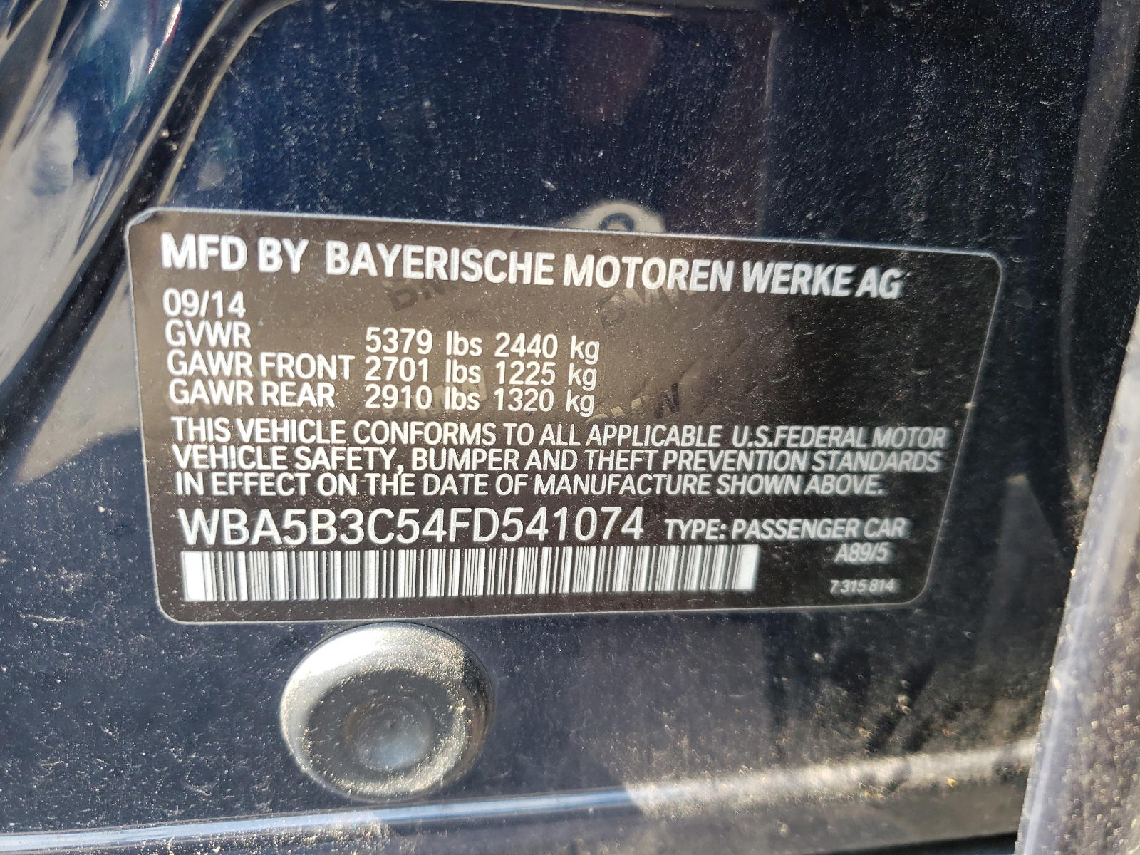 Photo 10 from auction – 2015 BMW 535 XI with VIN WBA5B3C54FD541074