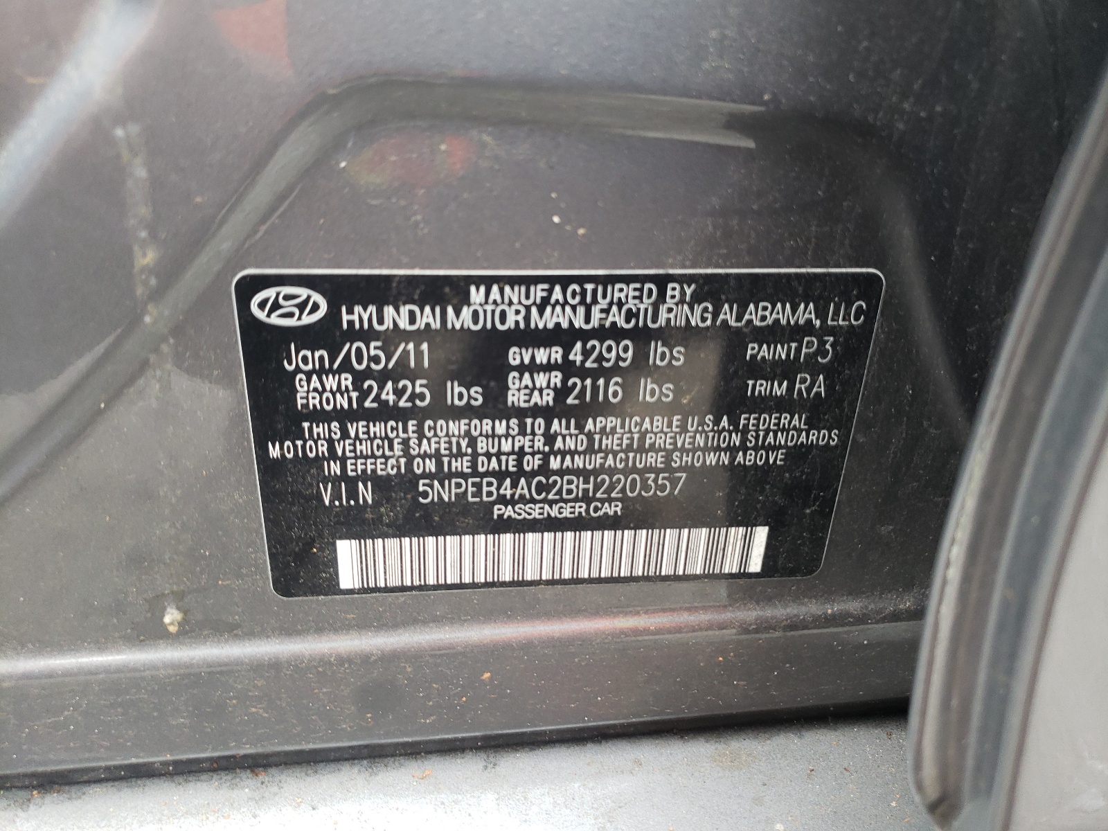 Photo 10 from auction – 2011 HYUNDAI SONATA GLS with VIN 5NPEB4AC2BH220357