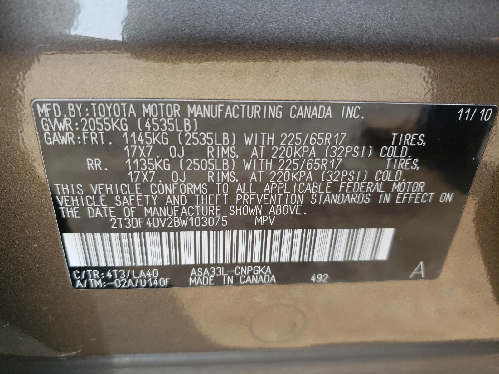 Photo 10 from auction – 2011 TOYOTA RAV4 LIMIT with VIN 2T3DF4DV2BW103075