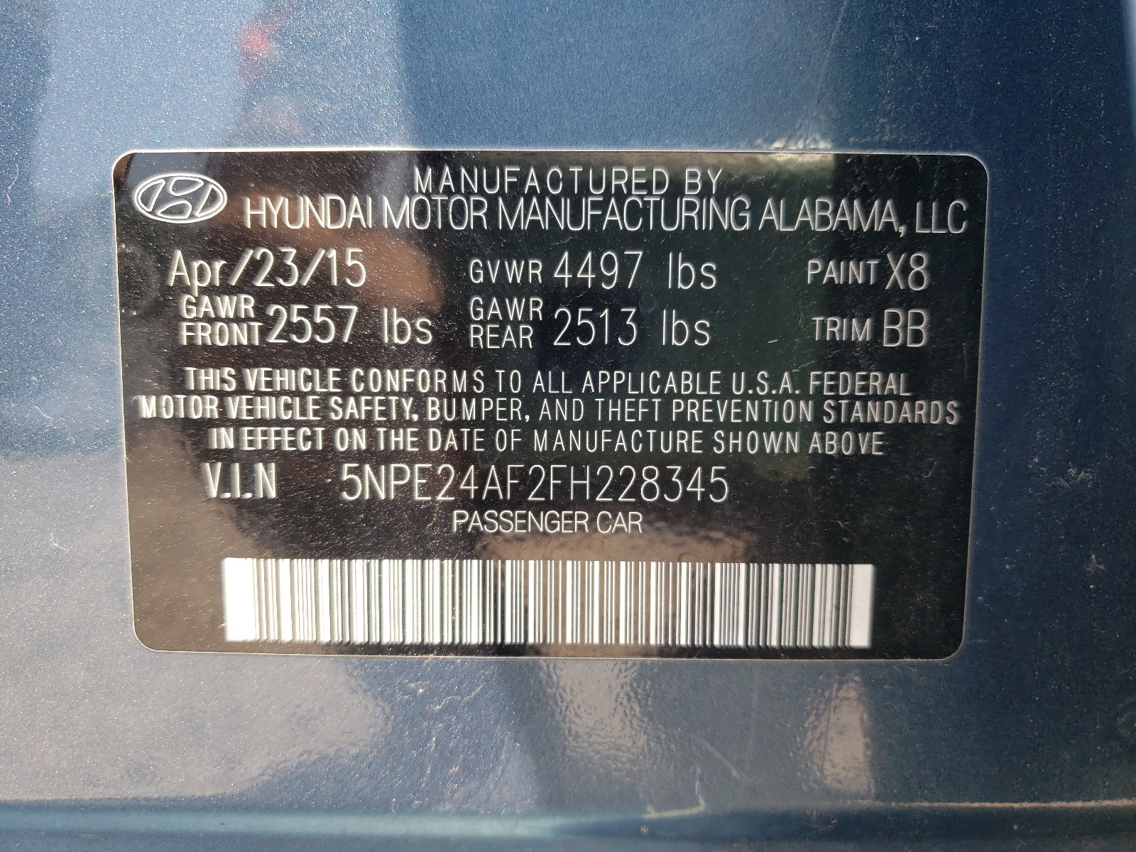 Photo 10 from auction – 2015 HYUNDAI SONATA SE with VIN 5NPE24AF2FH228345
