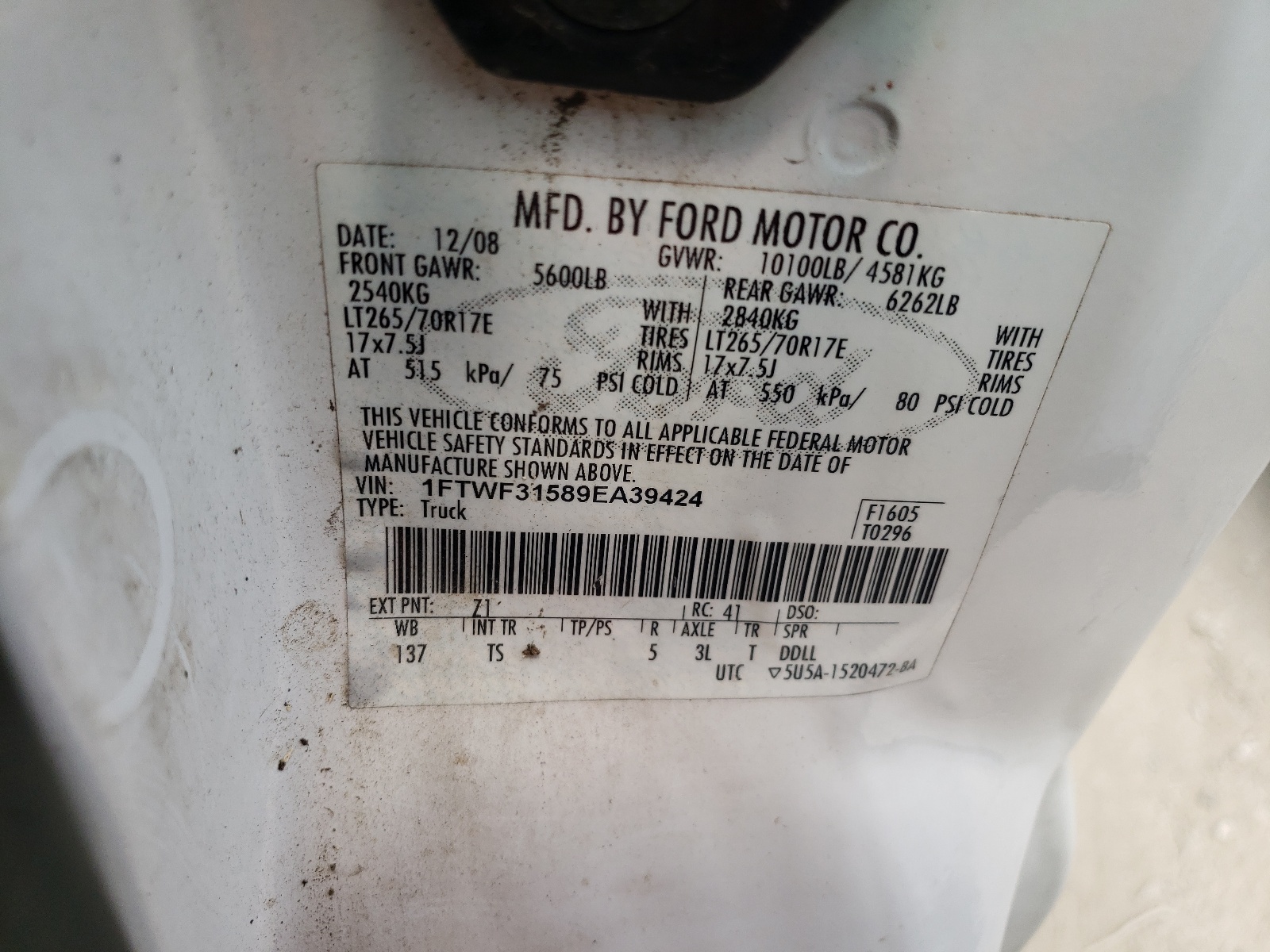 Photo 10 from auction – 2009 FORD F350 SUPER with VIN 1FTWF31589EA39424