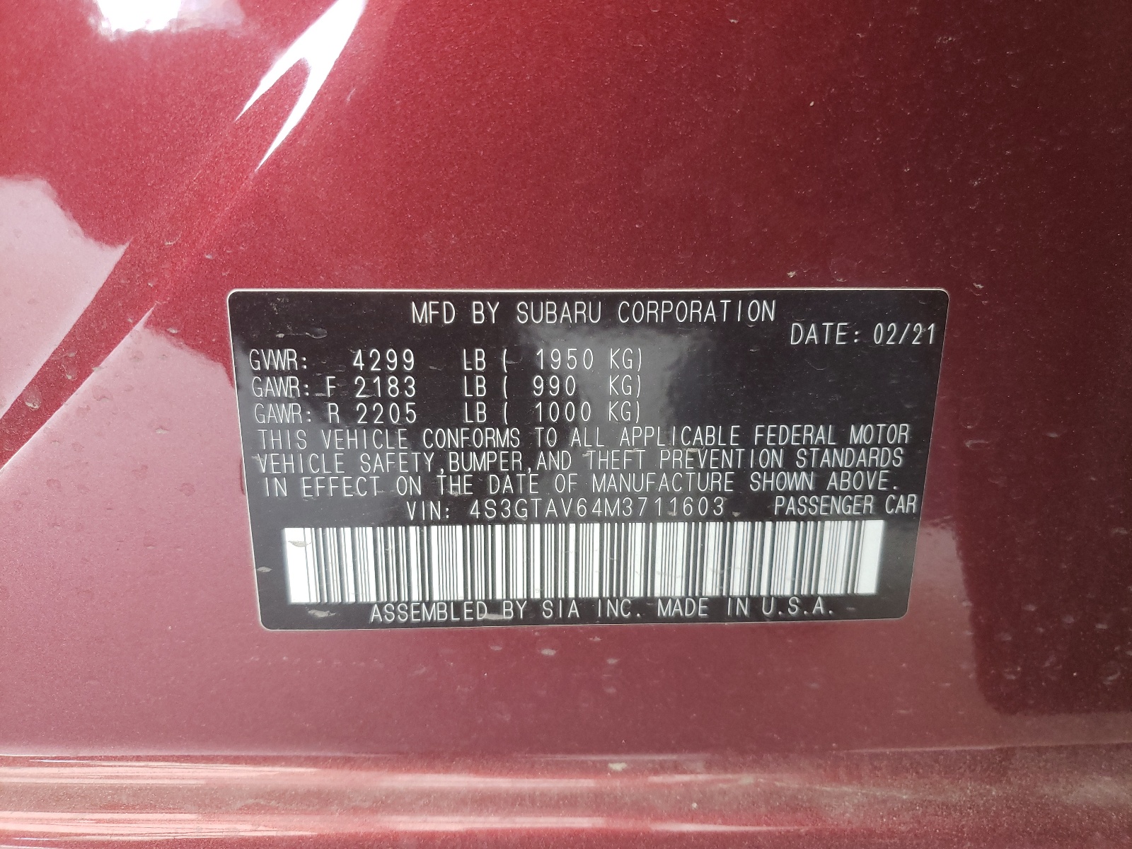 Photo 10 from auction – 2021 SUBARU IMPREZA PR with VIN 4S3GTAV64M3711603
