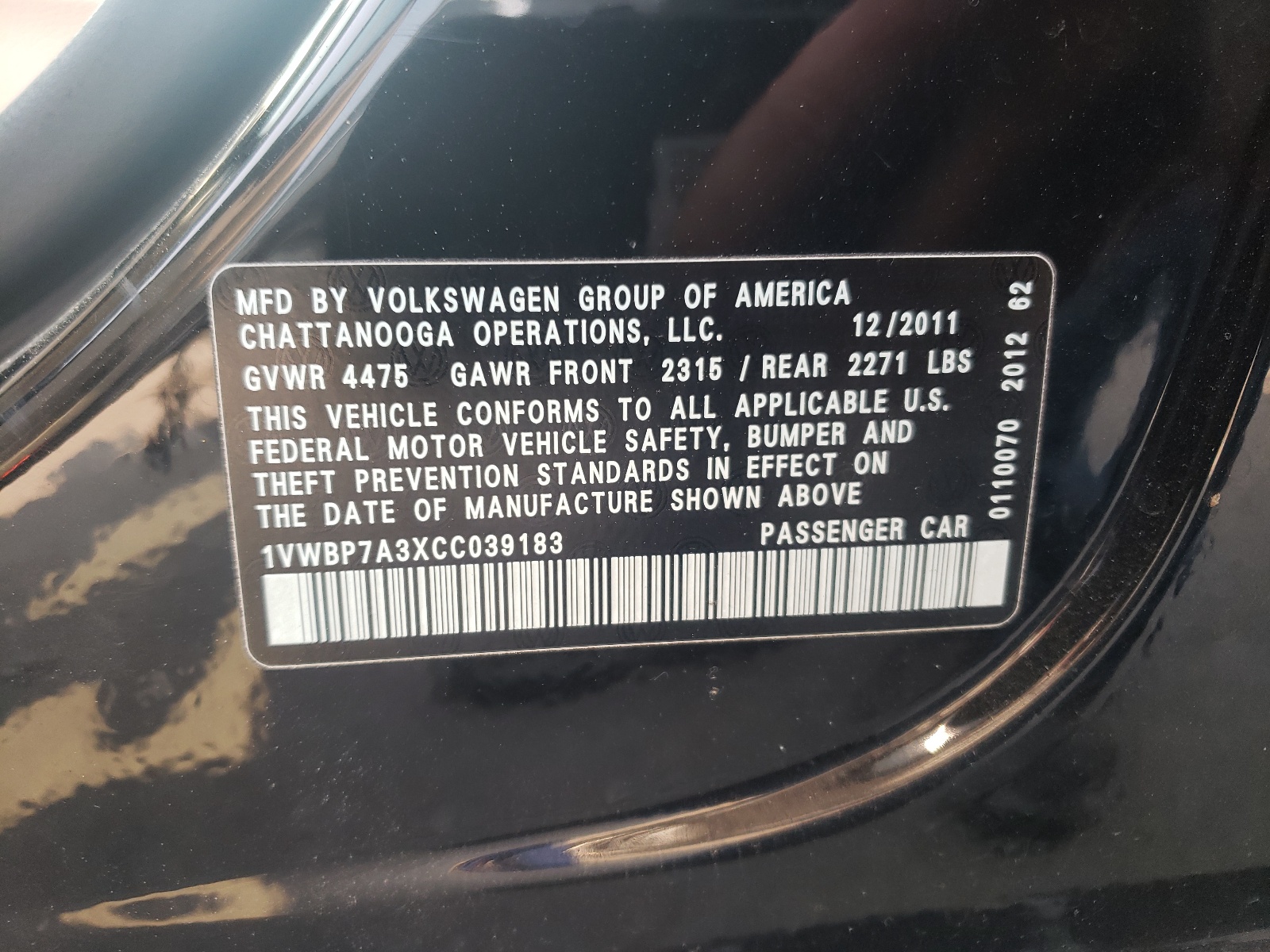 Photo 10 from auction – 2012 VOLKSWAGEN PASSAT SE with VIN 1VWBP7A3XCC039183