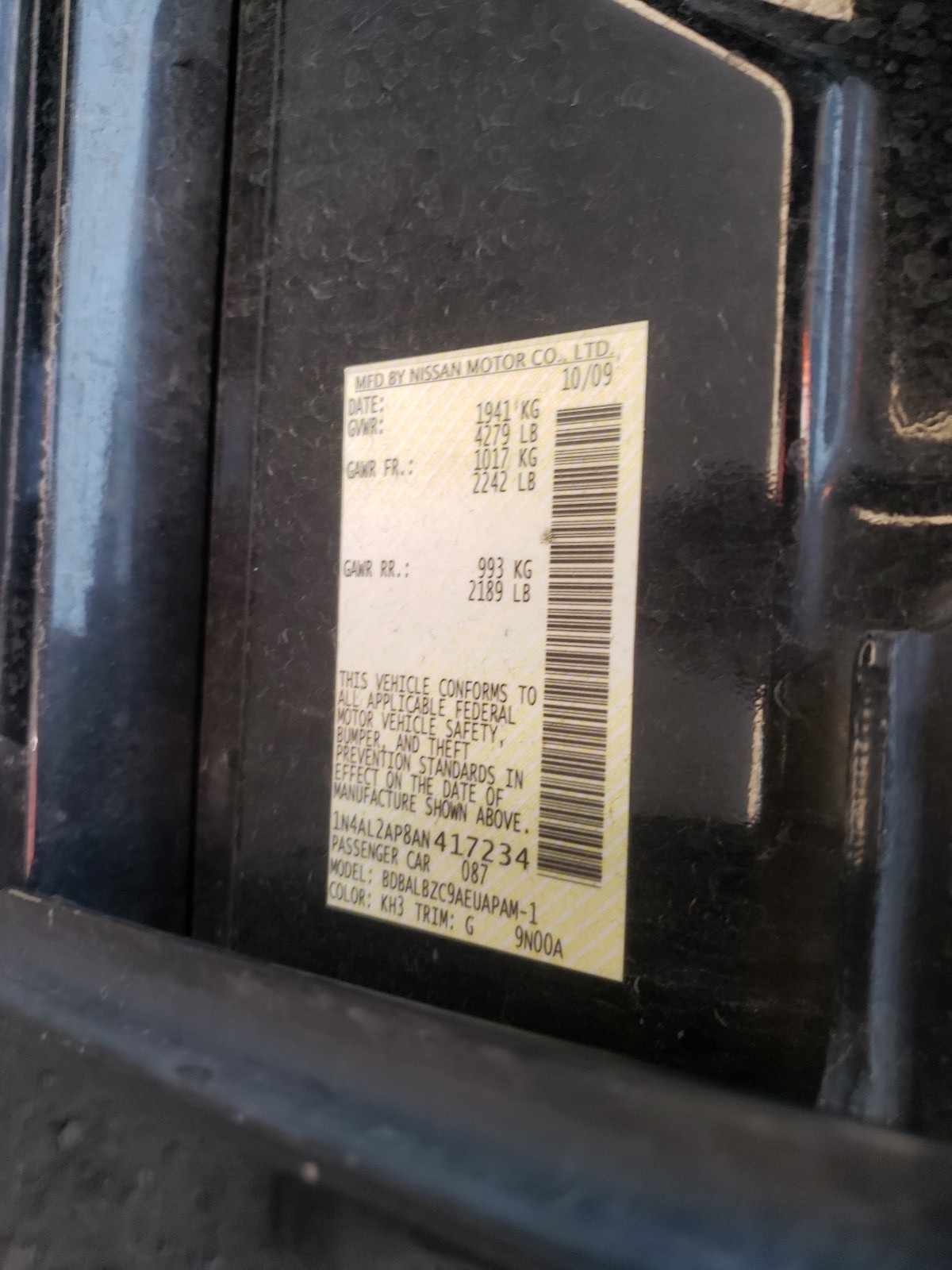 Photo 10 from auction – 2010 NISSAN ALTIMA BAS with VIN 1N4AL2AP8AN417234