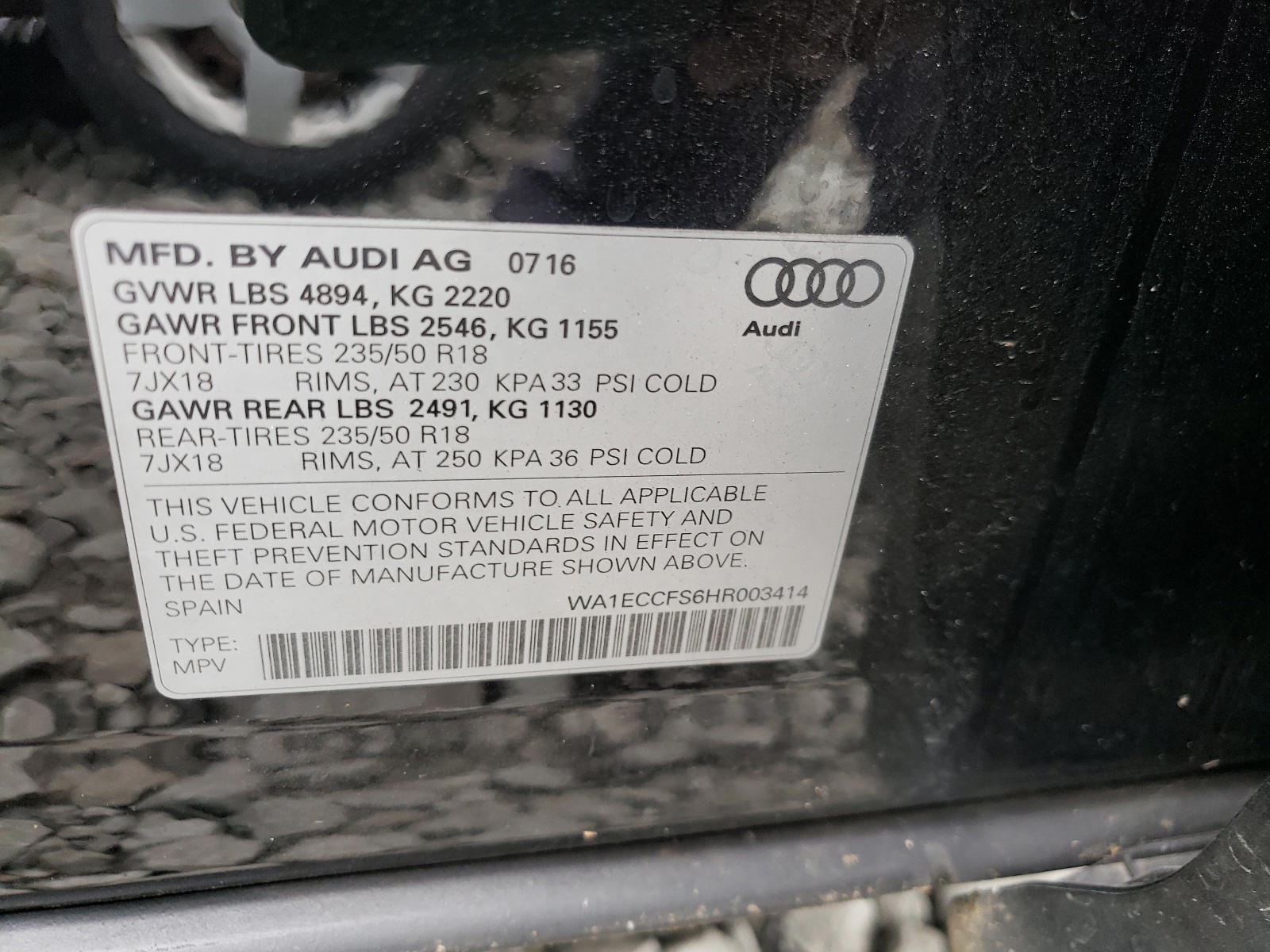 Photo 10 from auction – 2017 AUDI Q3 PREMIUM with VIN WA1ECCFS6HR003414