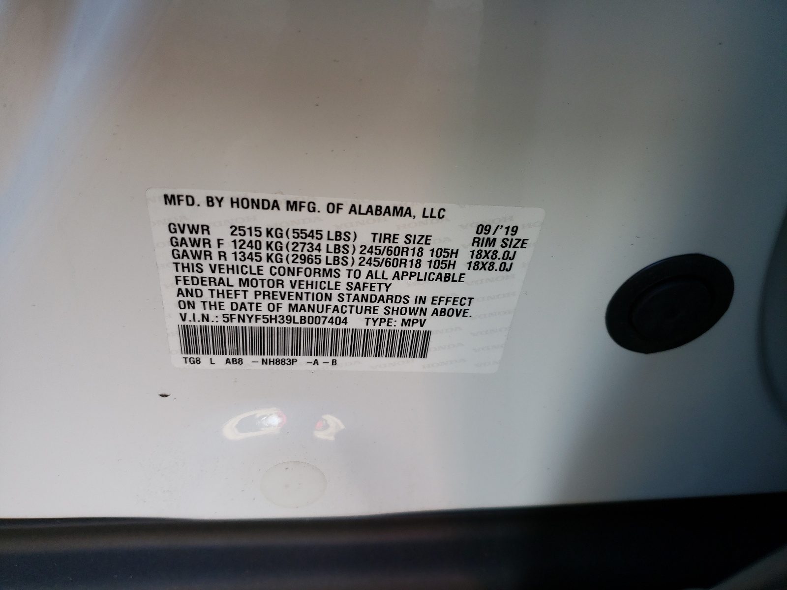 Photo 10 from auction – 2020 HONDA PILOT EX with VIN 5FNYF5H39LB007404