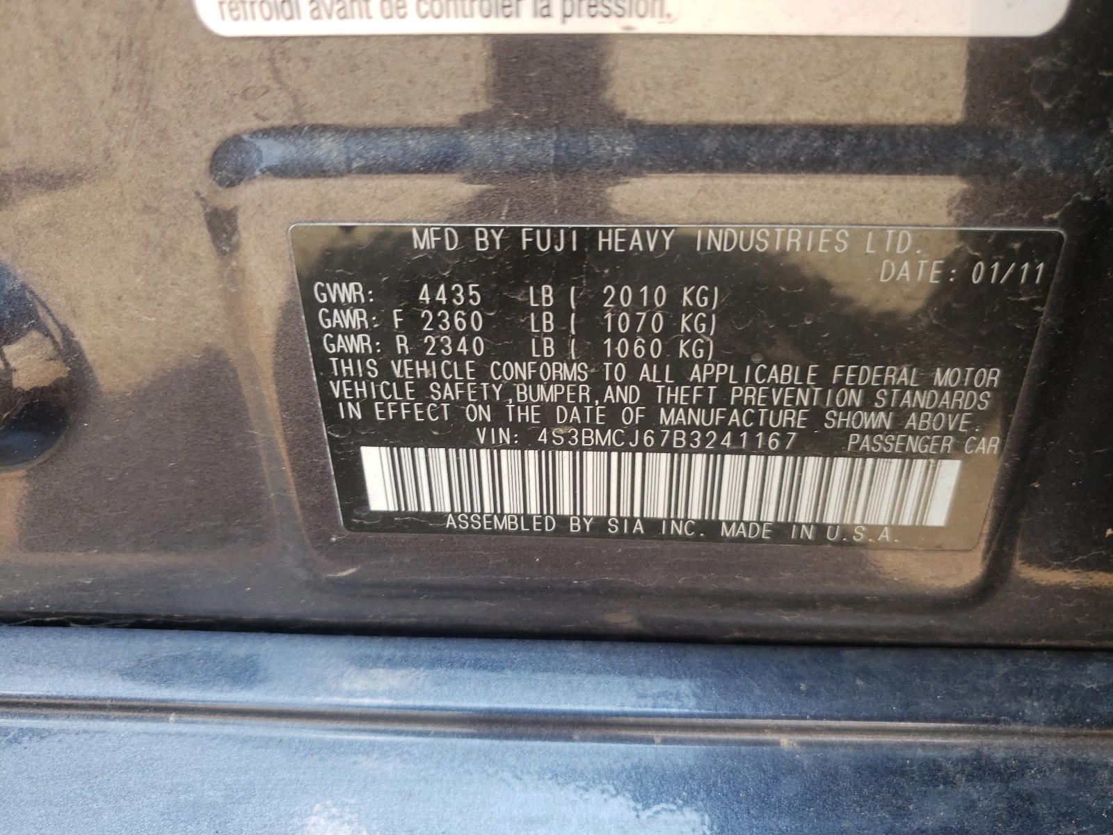 Photo 10 from auction – 2011 SUBARU LEGACY 2.5 with VIN 4S3BMCJ67B3241167