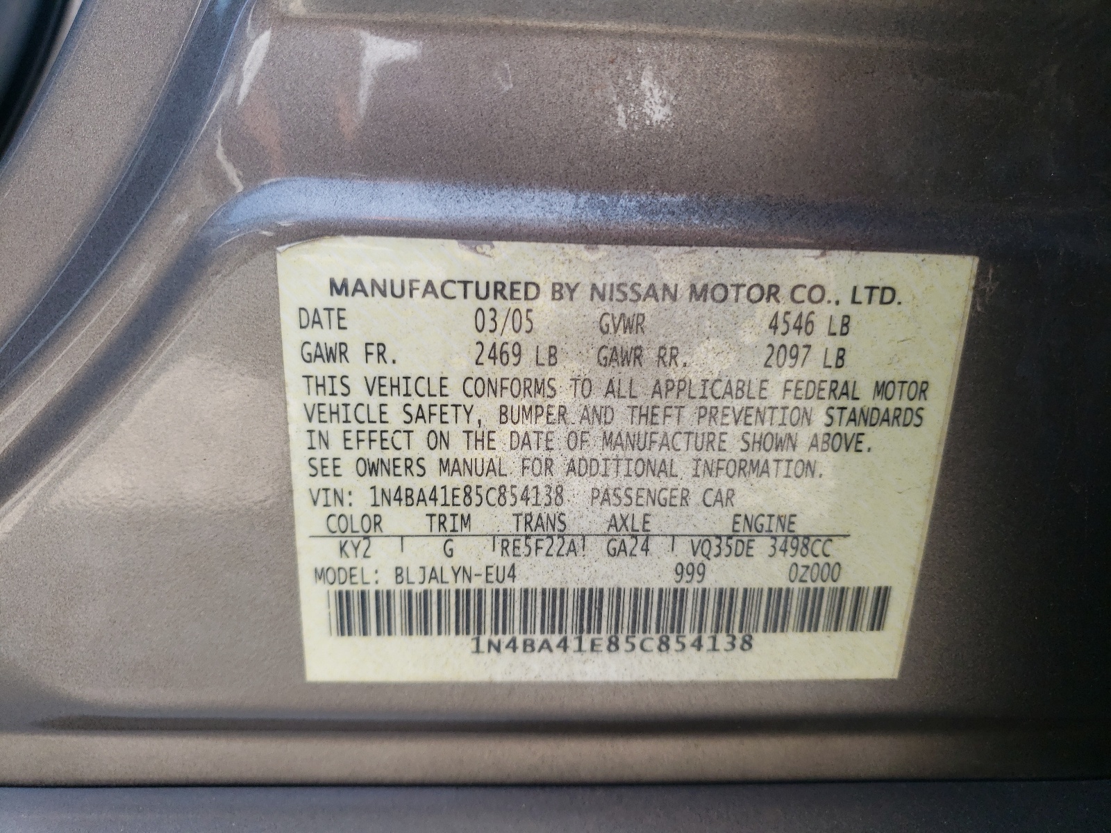 صورة رقم 10 من المزاد - 2005 NISSAN MAXIMA SE مع VIN 1N4BA41E85C854138