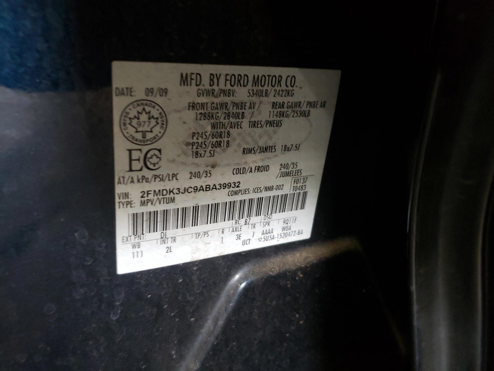 Photo 10 from auction – 2010 FORD EDGE SEL with VIN 2FMDK3JC9ABA39932