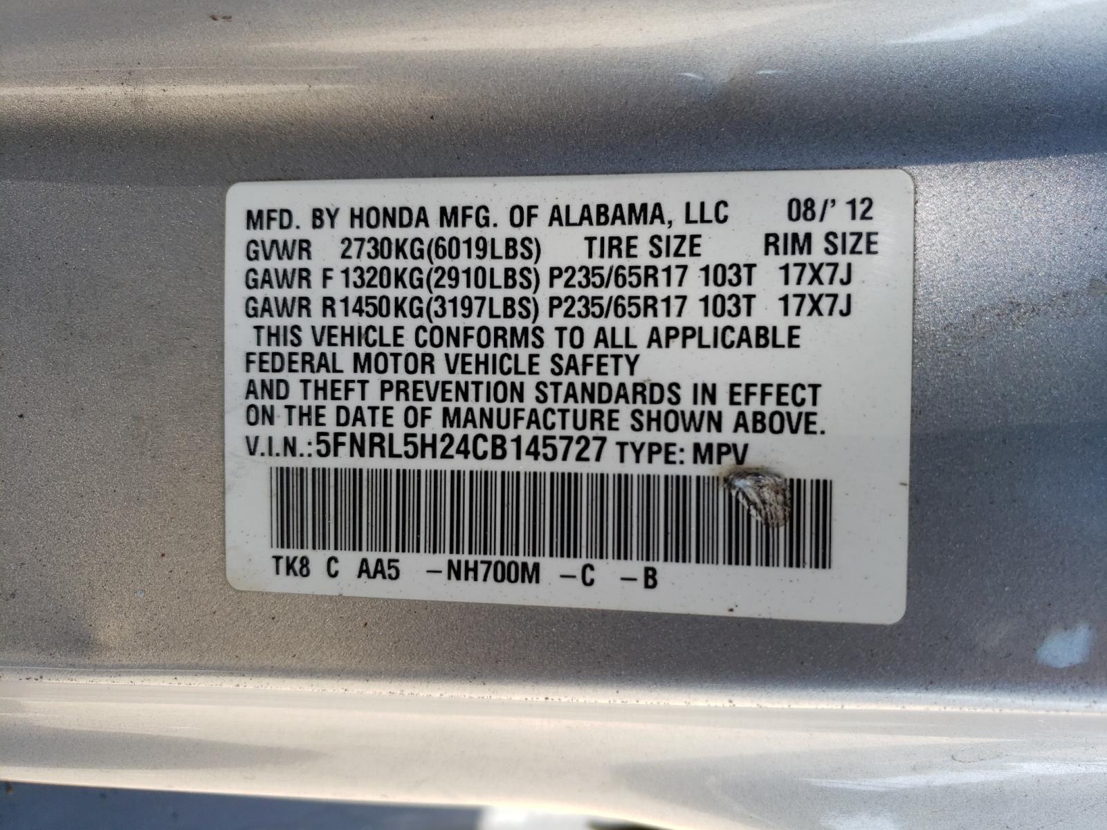 Photo 10 from auction – 2012 HONDA ODYSSEY LX with VIN 5FNRL5H24CB145727
