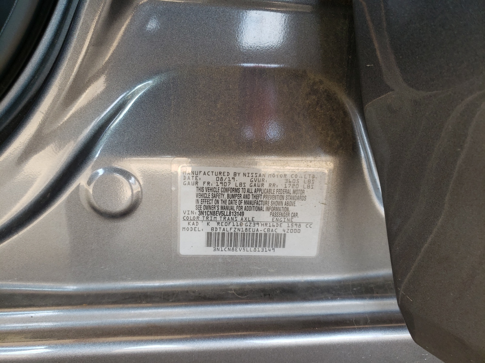 Photo 10 from auction – 2020 NISSAN VERSA SV with VIN 3N1CN8EV5LL813149