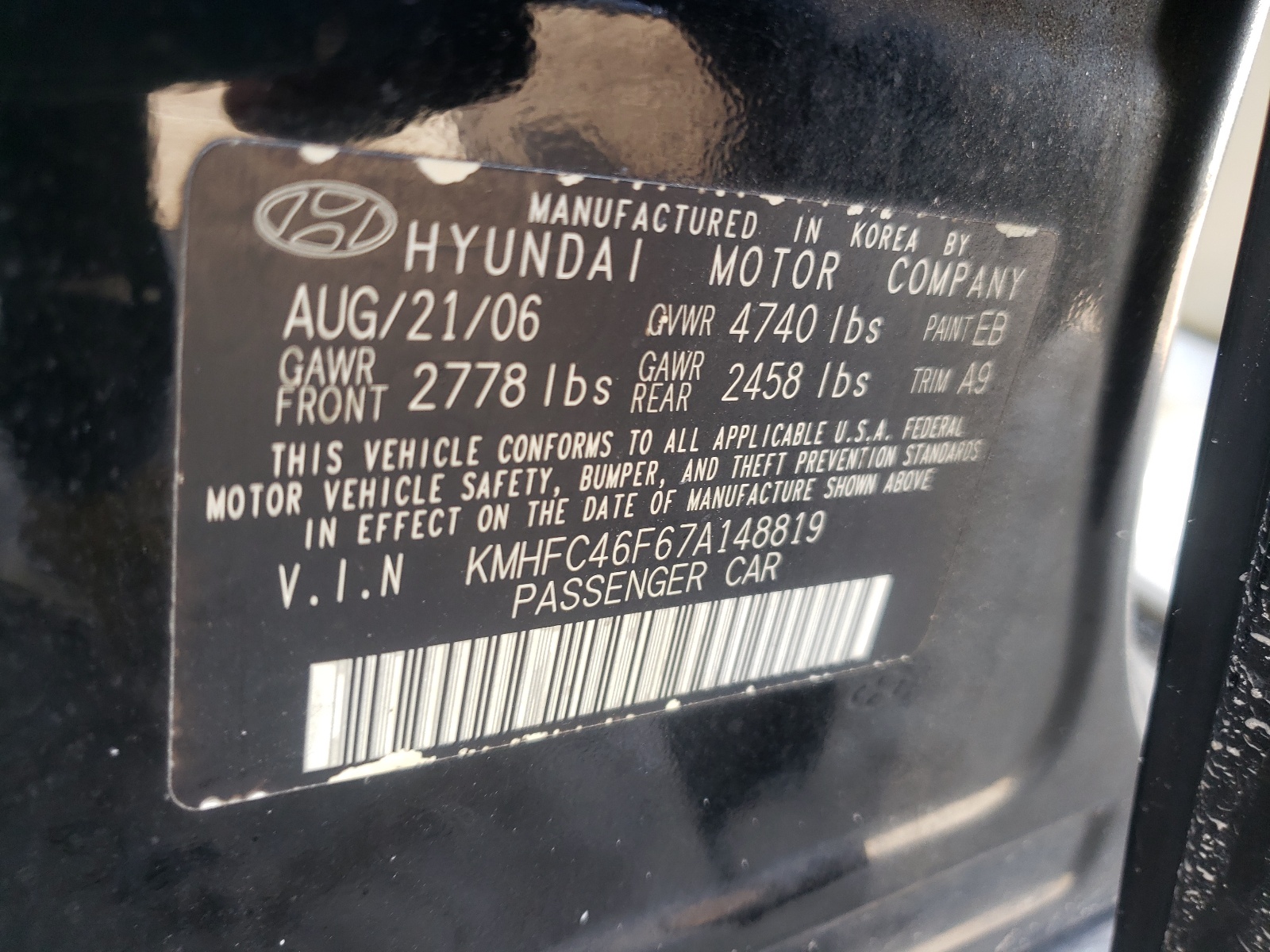 Photo 10 from auction – 2007 HYUNDAI AZERA SE with VIN KMHFC46F67A148819