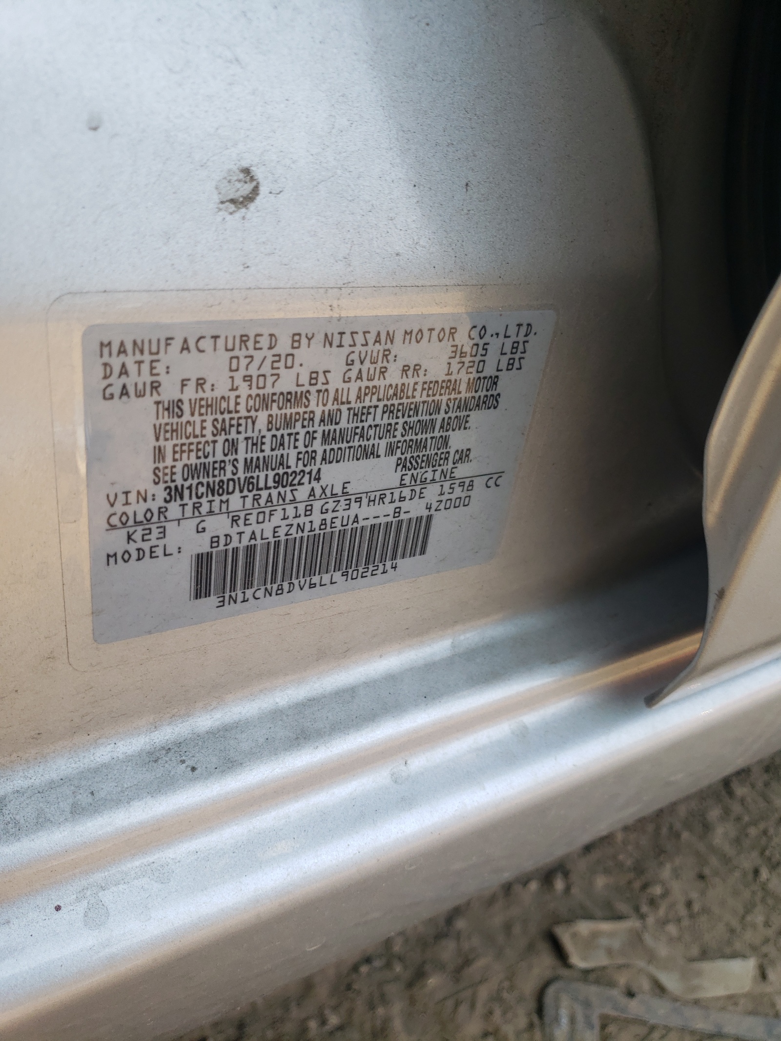 Photo 10 from auction – 2020 NISSAN VERSA S with VIN 3N1CN8DV6LL902214