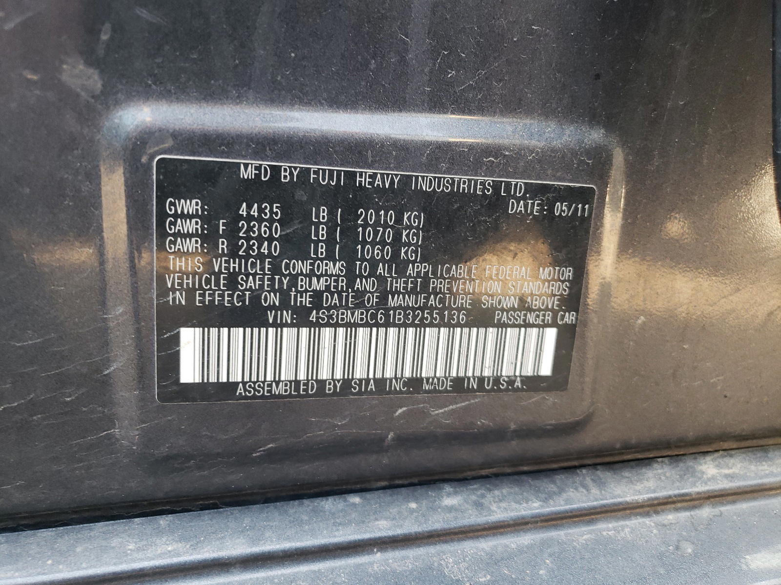 Photo 10 from auction – 2011 SUBARU LEGACY 2.5 with VIN 4S3BMBC61B3255136