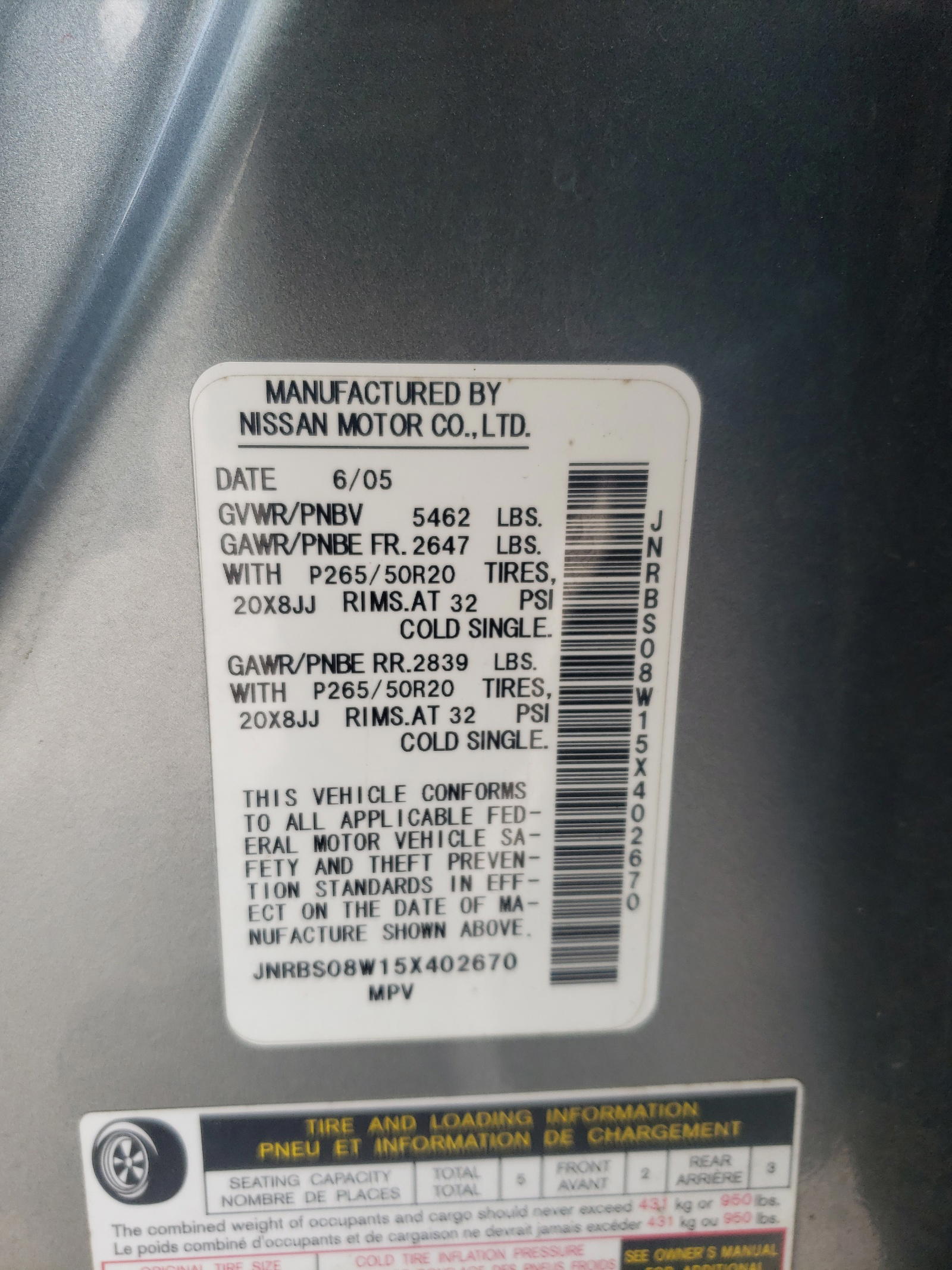 Photo 10 from auction – 2005 INFINITI FX45 with VIN JNRBS08W15X402670