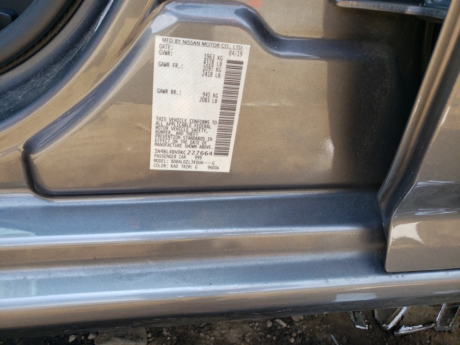 Photo 10 from auction – 2019 NISSAN ALTIMA S with VIN 1N4BL4BV0KC227664