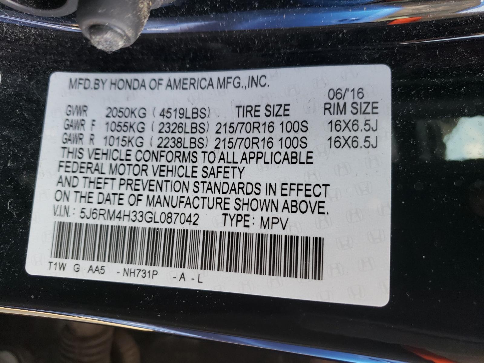 Photo 10 from auction – 2016 HONDA CR-V LX with VIN 5J6RM4H33GL087042