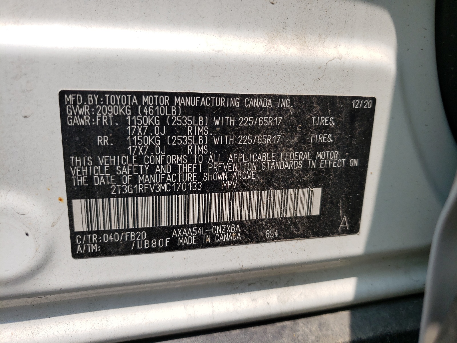 Photo 10 from auction – 2021 TOYOTA RAV4 LE with VIN 2T3G1RFV3MC170133