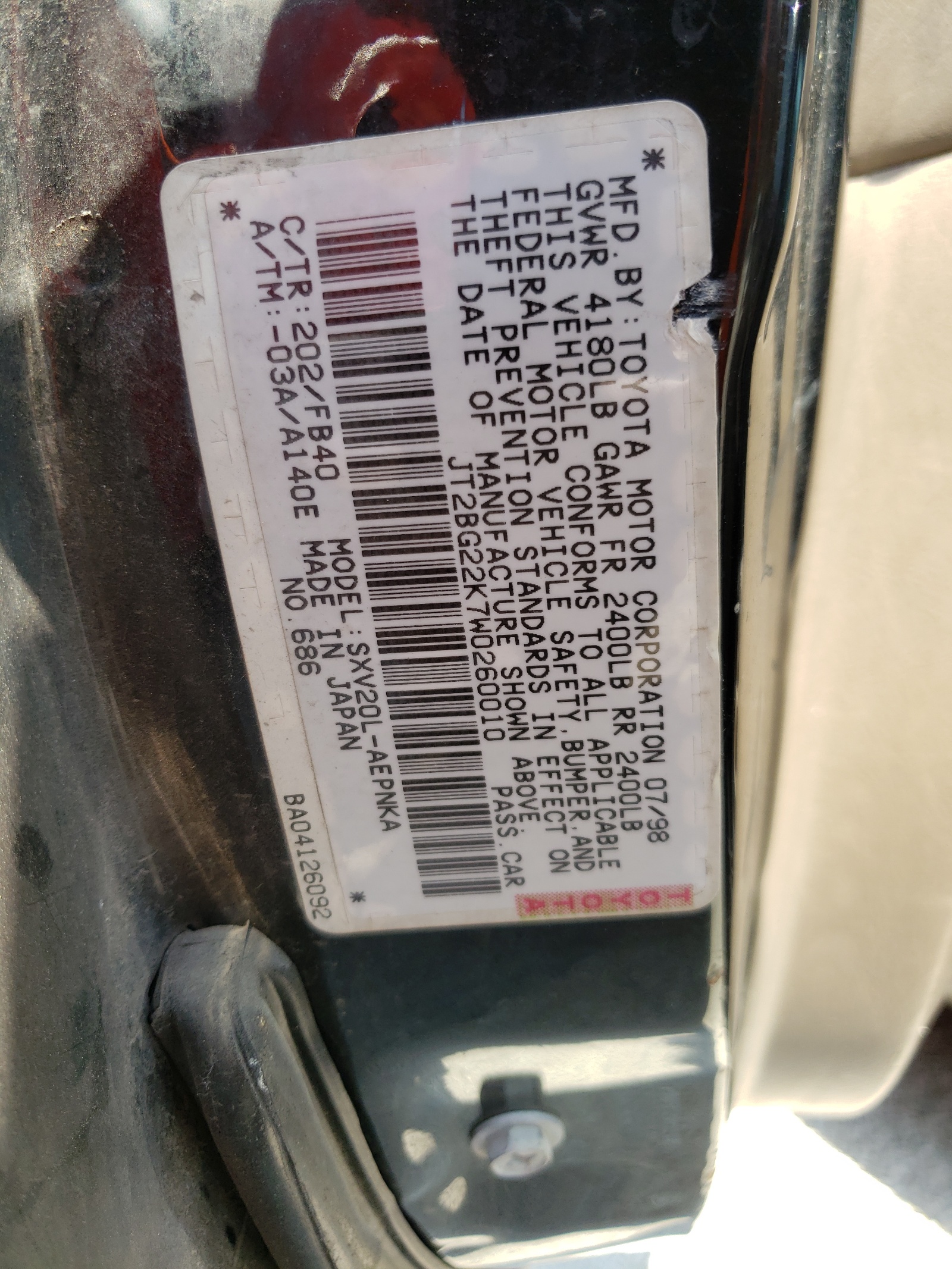 Photo 10 from auction – 1998 TOYOTA CAMRY CE with VIN JT2BG22K7W0260010