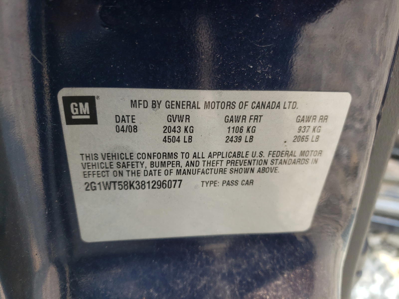 Photo 10 from auction – 2008 CHEVROLET IMPALA LT with VIN 2G1WT58K381296077