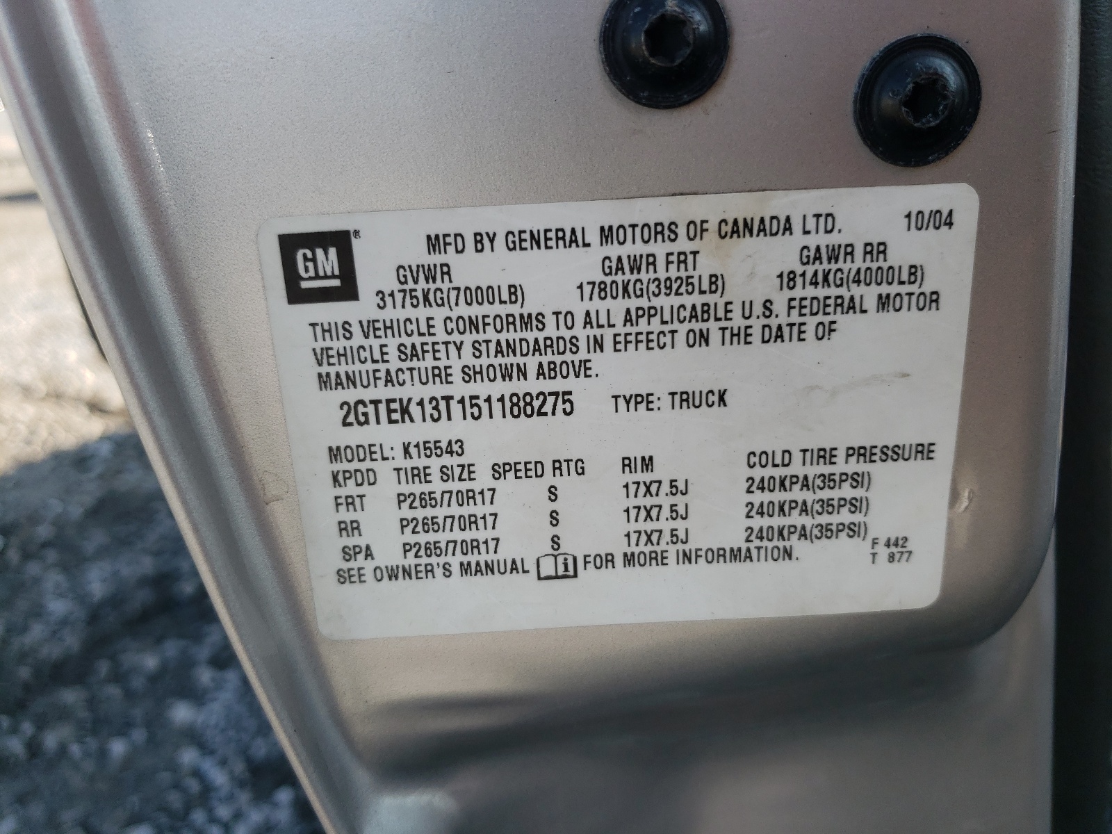 Photo 10 from auction – 2005 GMC NEW SIERRA with VIN 2GTEK13T151188275