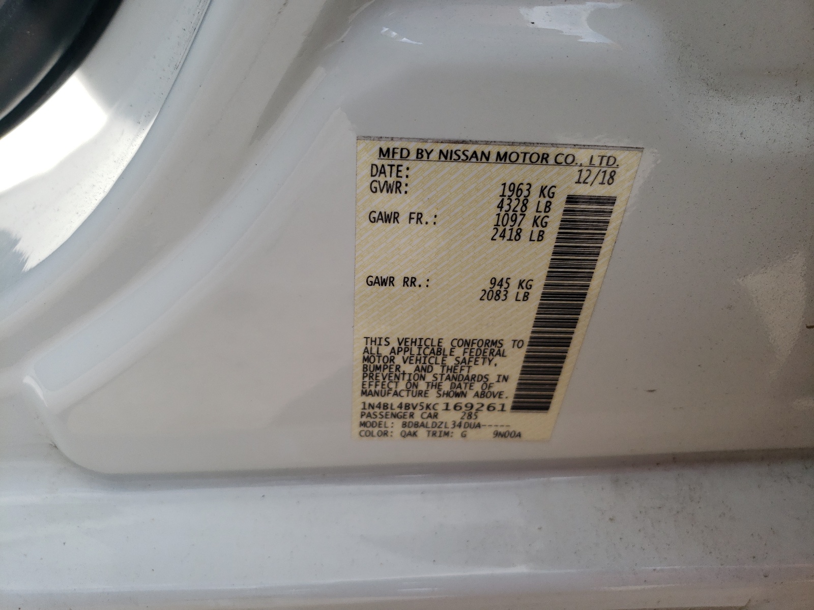 Photo 10 from auction – 2019 NISSAN ALTIMA S with VIN 1N4BL4BV5KC169261
