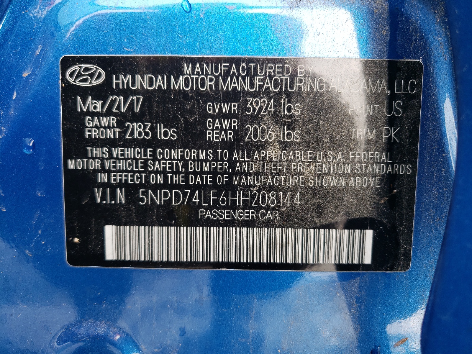 Photo 10 from auction – 2017 HYUNDAI ELANTRA SE with VIN 5NPD74LF6HH208144