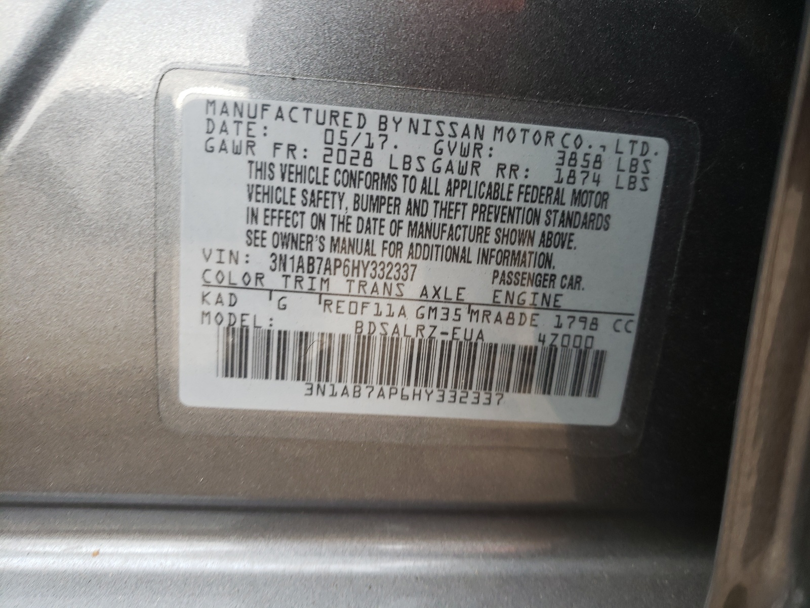 Photo 10 from auction – 2017 NISSAN SENTRA S with VIN 3N1AB7AP6HY332337
