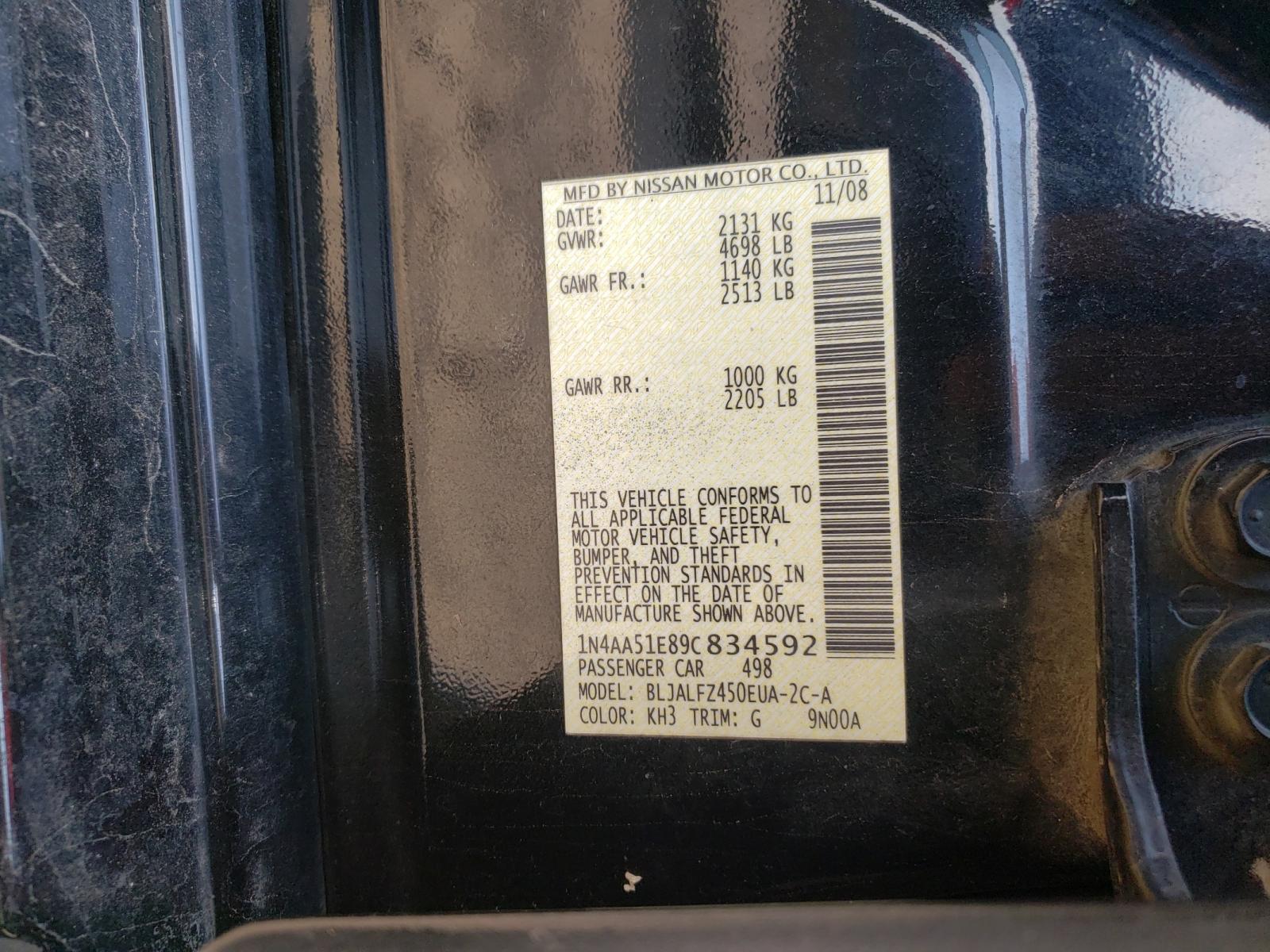 Photo 10 from auction – 2009 NISSAN MAXIMA S with VIN 1N4AA51E89C834592
