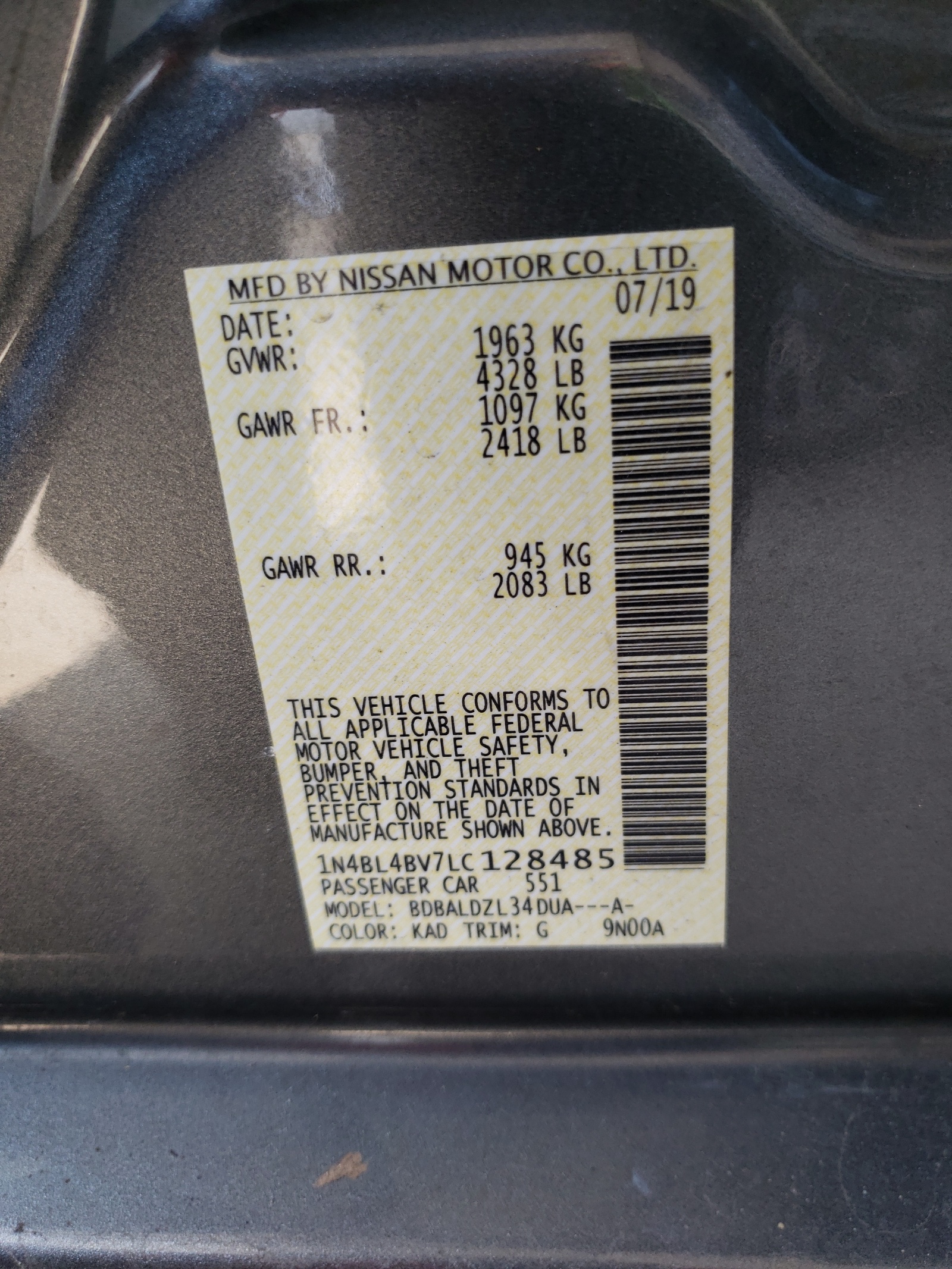 Photo 10 from auction – 2020 NISSAN ALTIMA S with VIN 1N4BL4BV7LC128485