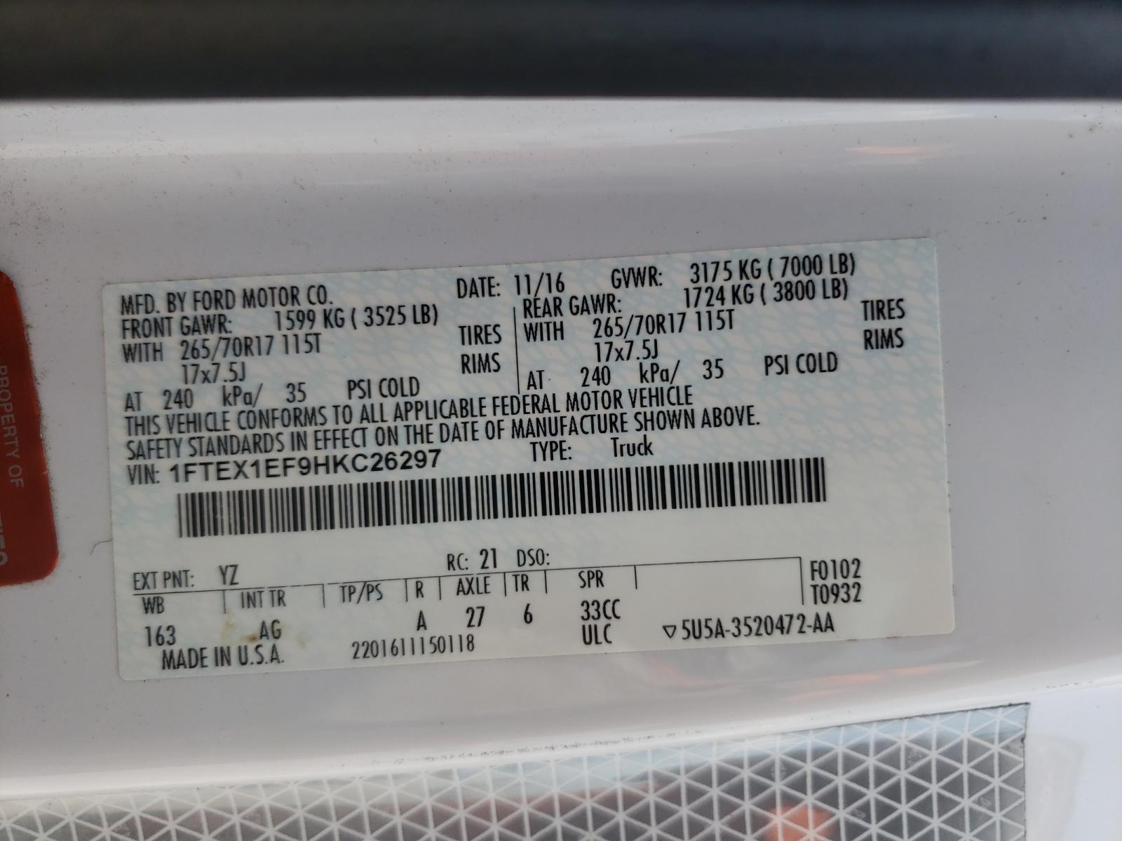 Photo 10 from auction – 2017 FORD F150 SUPER with VIN 1FTEX1EF9HKC26297