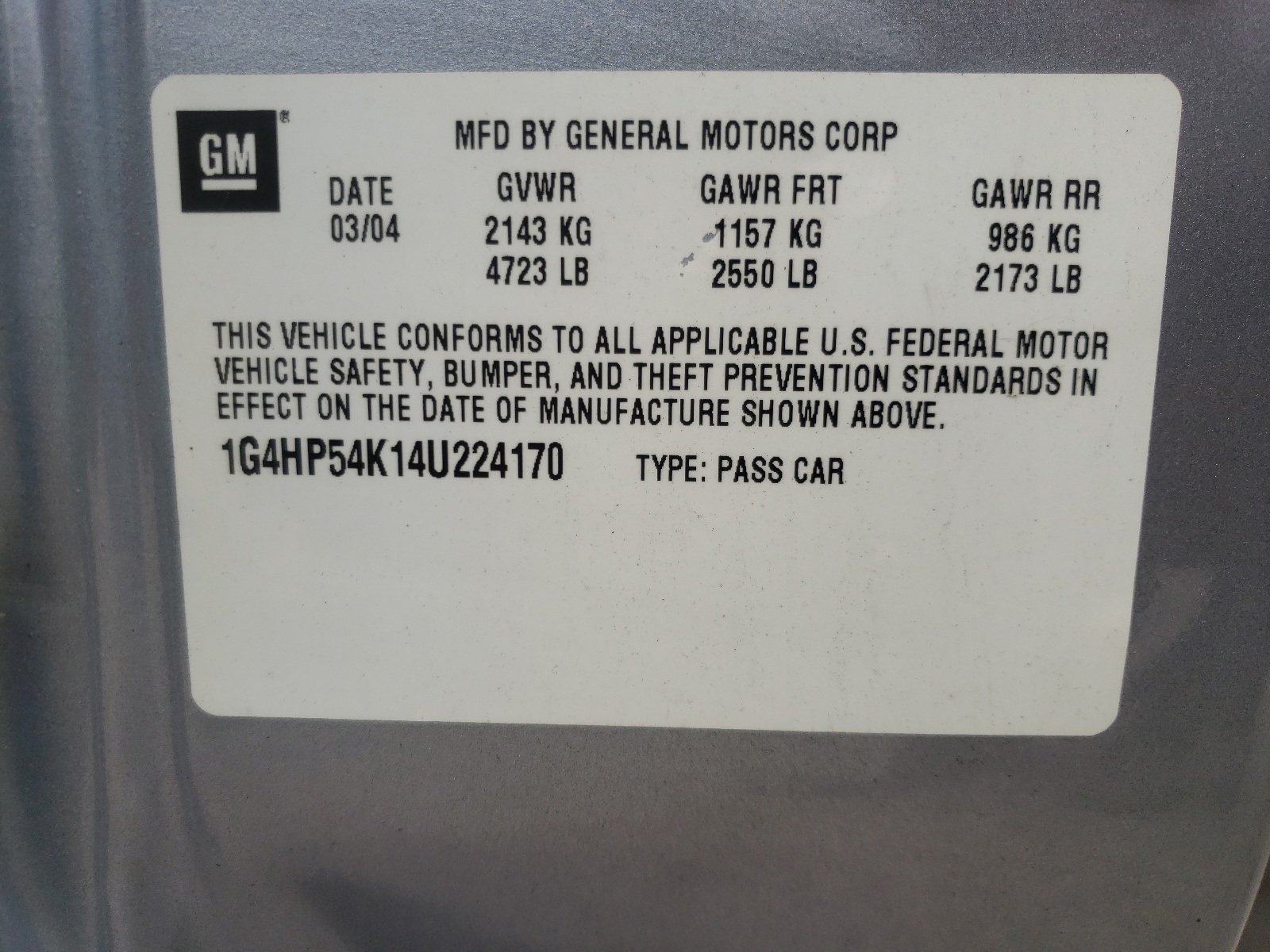 Photo 10 from auction – 2004 BUICK LESABRE CU with VIN 1G4HP54K14U224170