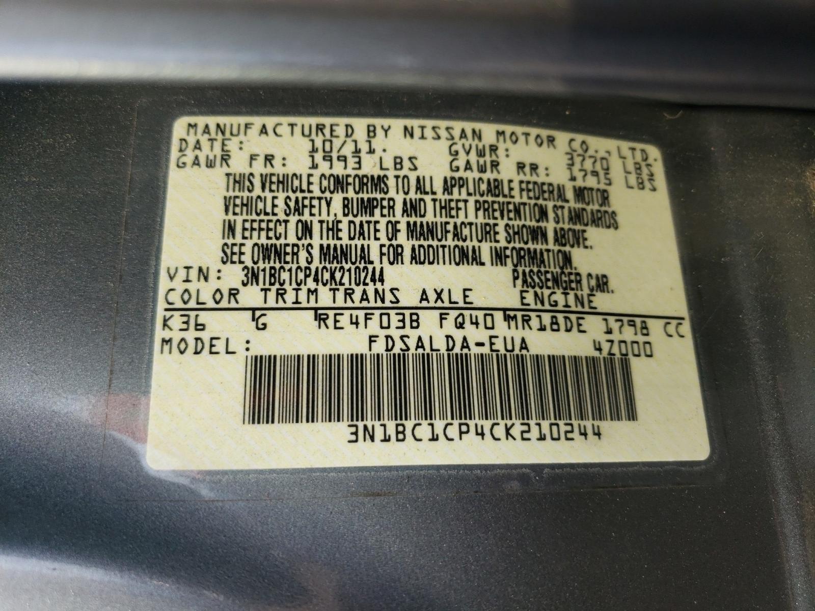 Photo 10 from auction – 2012 NISSAN VERSA S with VIN 3N1BC1CP4CK210244