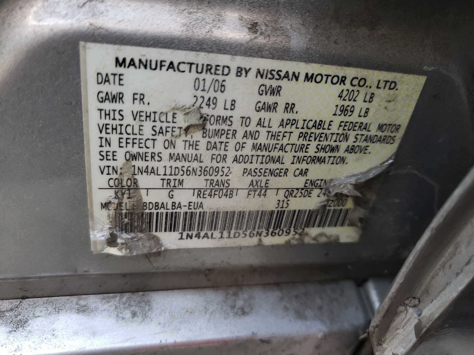 Photo 10 from auction – 2006 NISSAN ALTIMA with VIN 1N4AL11D56N360952