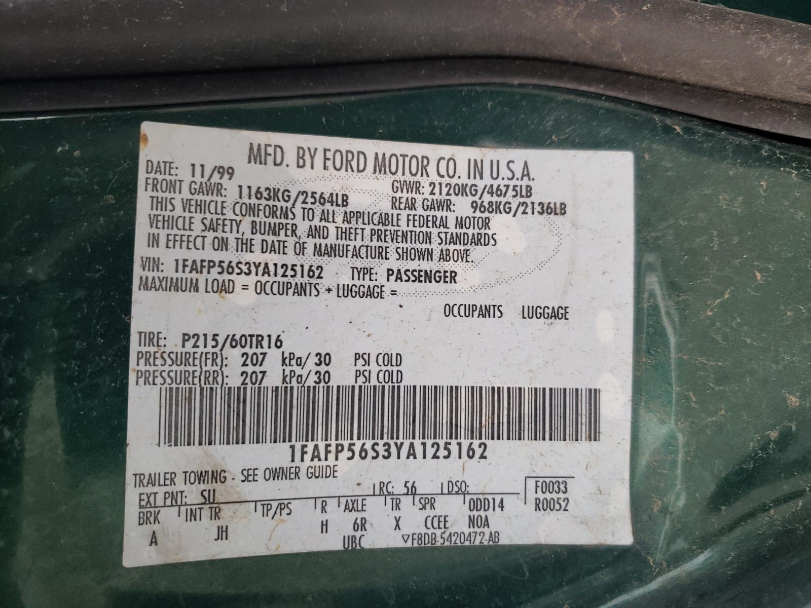 Photo 10 from auction – 2000 FORD TAURUS with VIN 1FAFP56S3YA125162