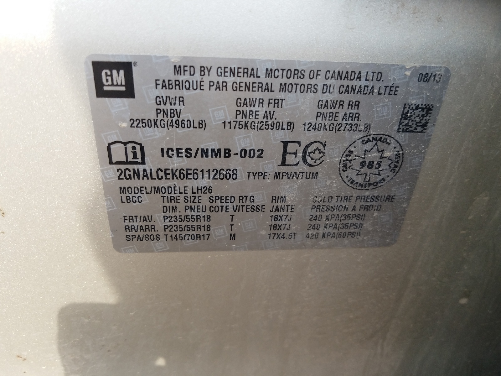 Photo 10 from auction – 2014 CHEVROLET EQUINOX LT with VIN 2GNALCEK6E6112668